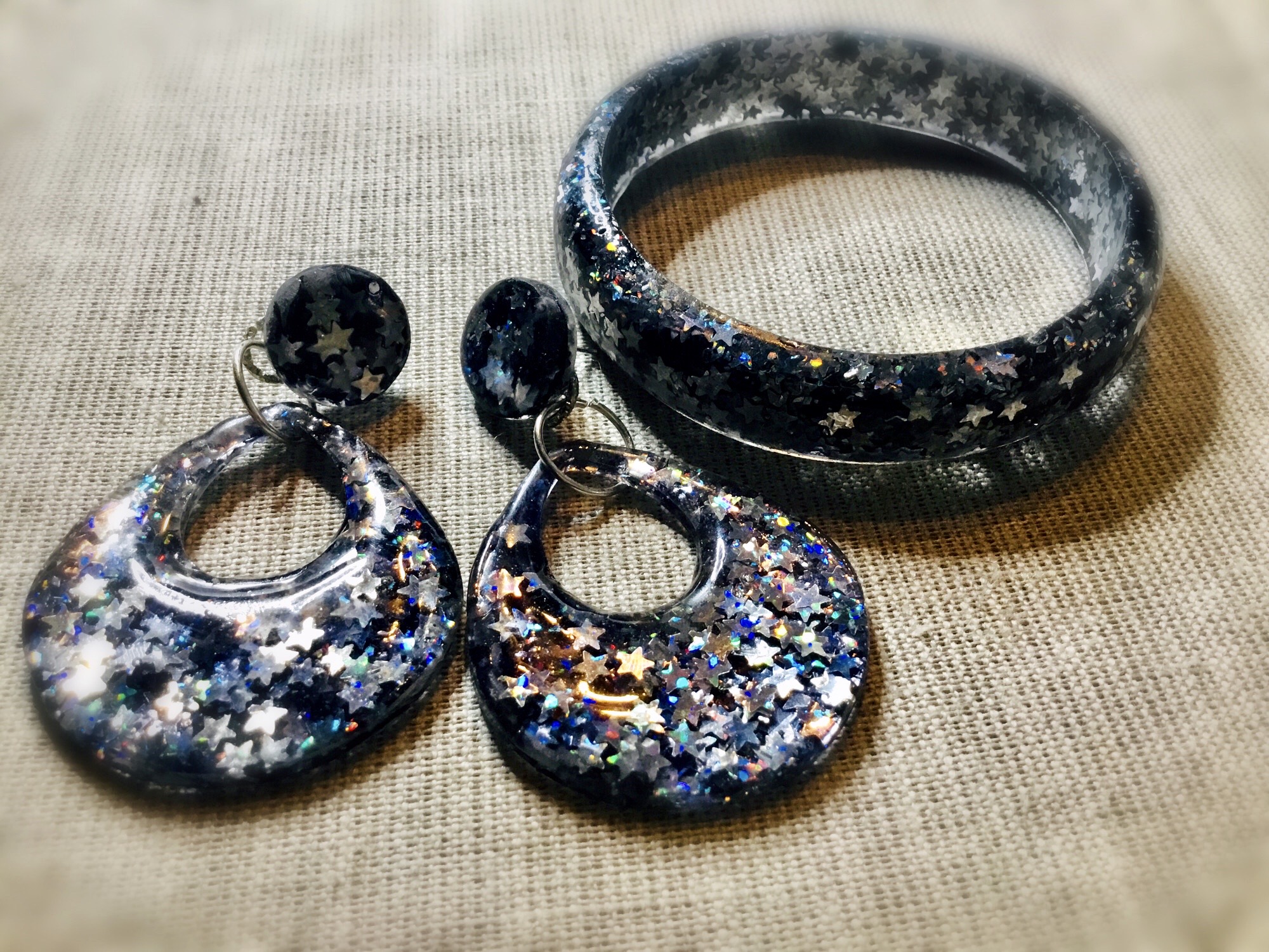 Starry night jewelry set,resin bangle and earrings