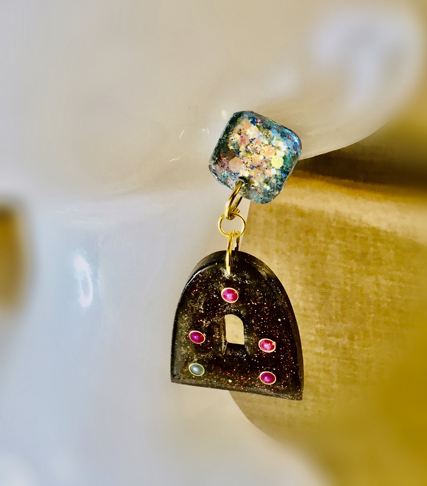 Blue brown glitter earrings