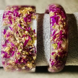 Pink rose colour petals & golden foil bangle set