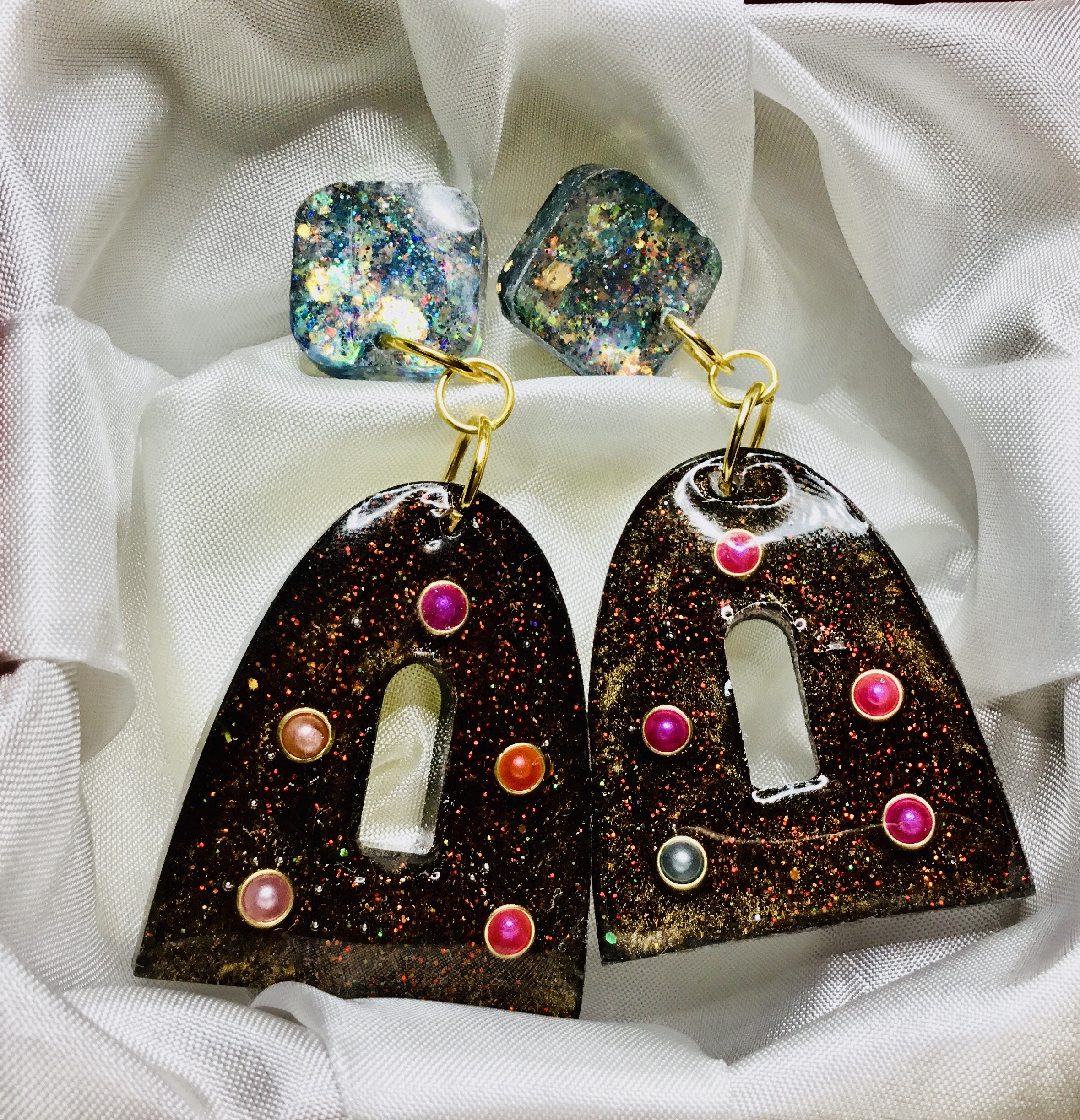 Blue brown glitter earrings