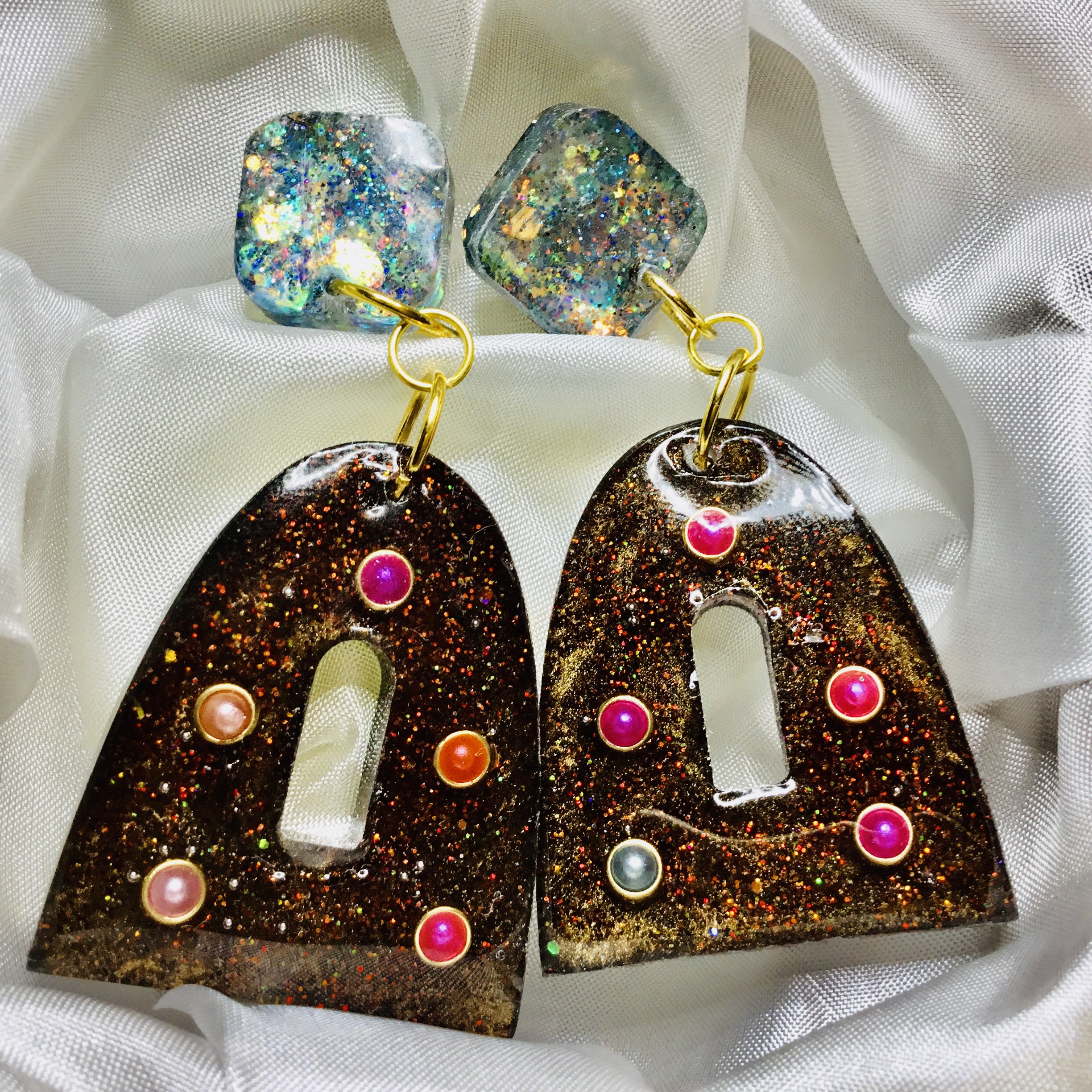 Blue brown glitter earrings