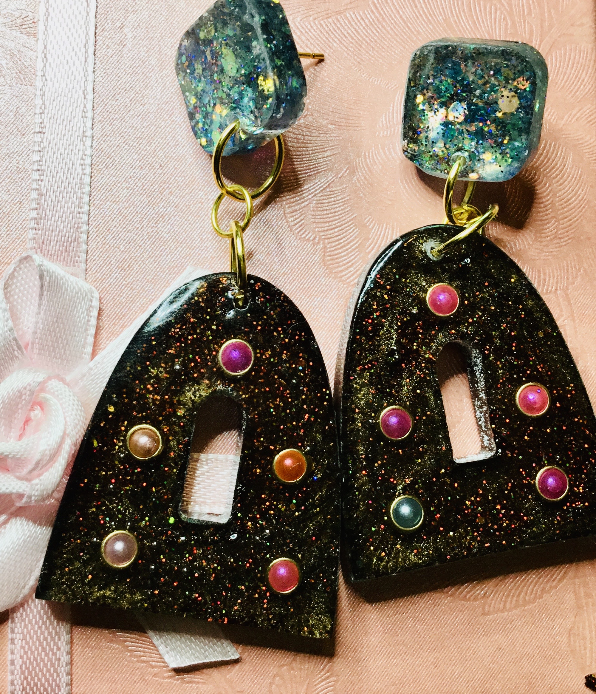 Blue brown glitter earrings