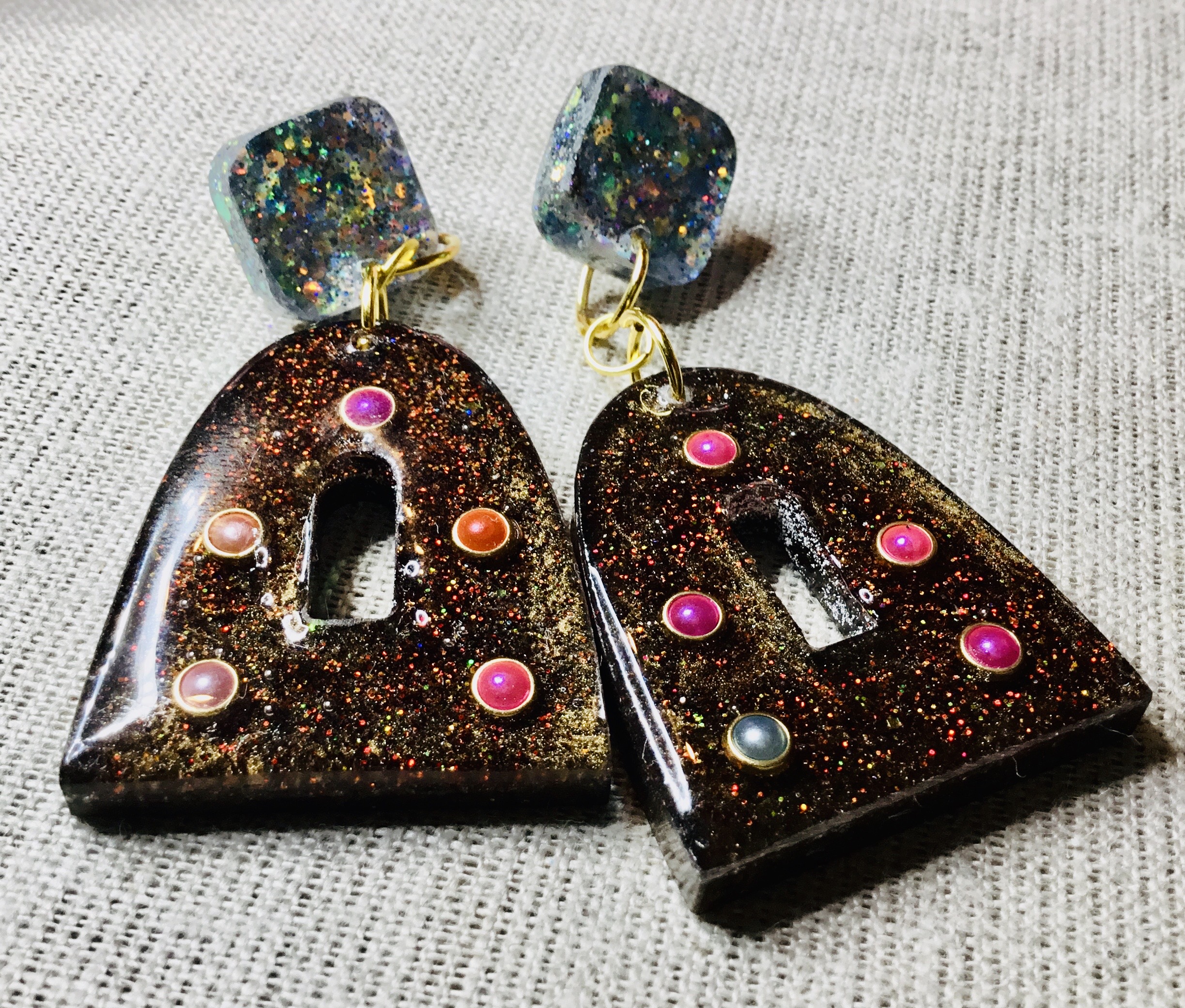 Blue brown glitter earrings
