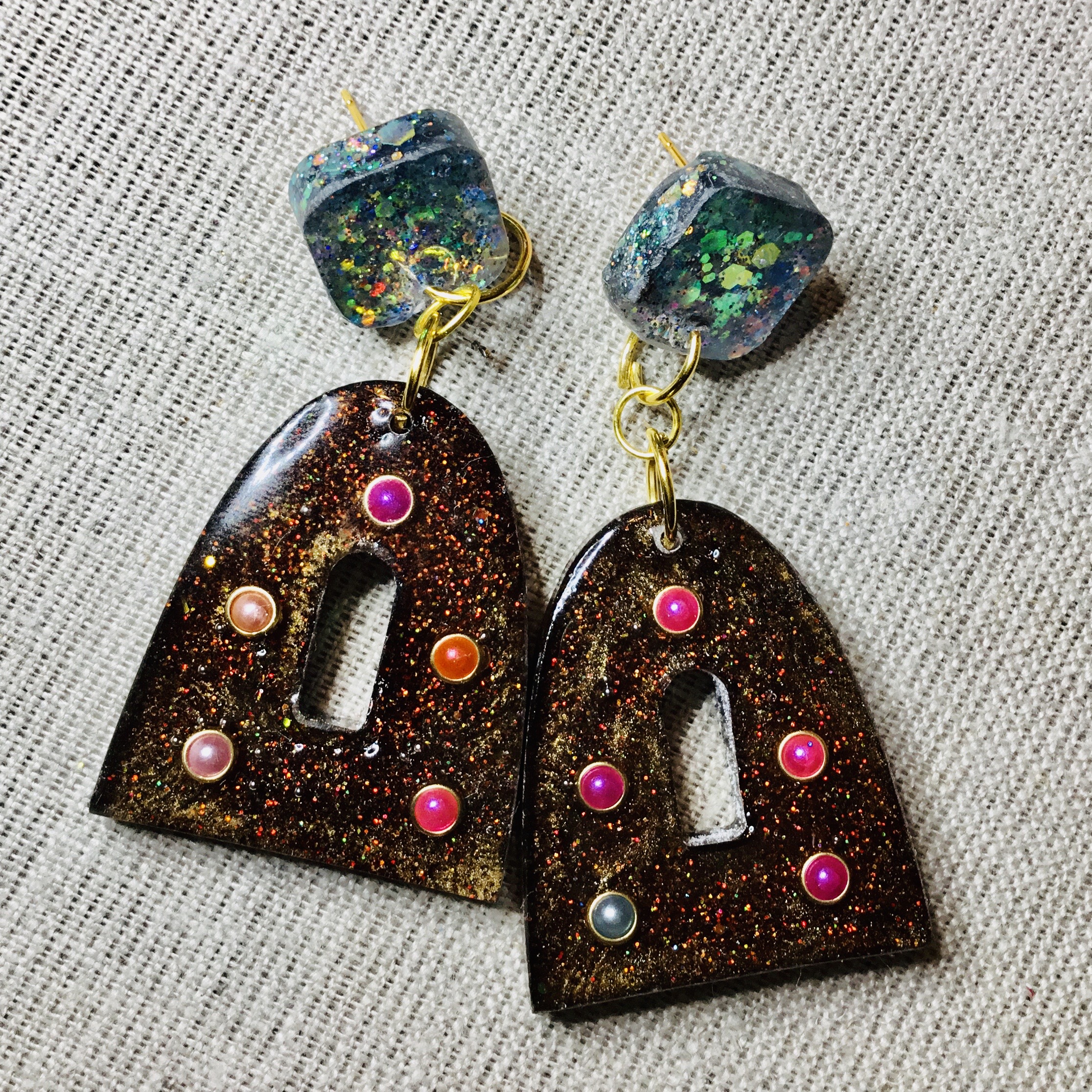 Blue brown glitter earrings