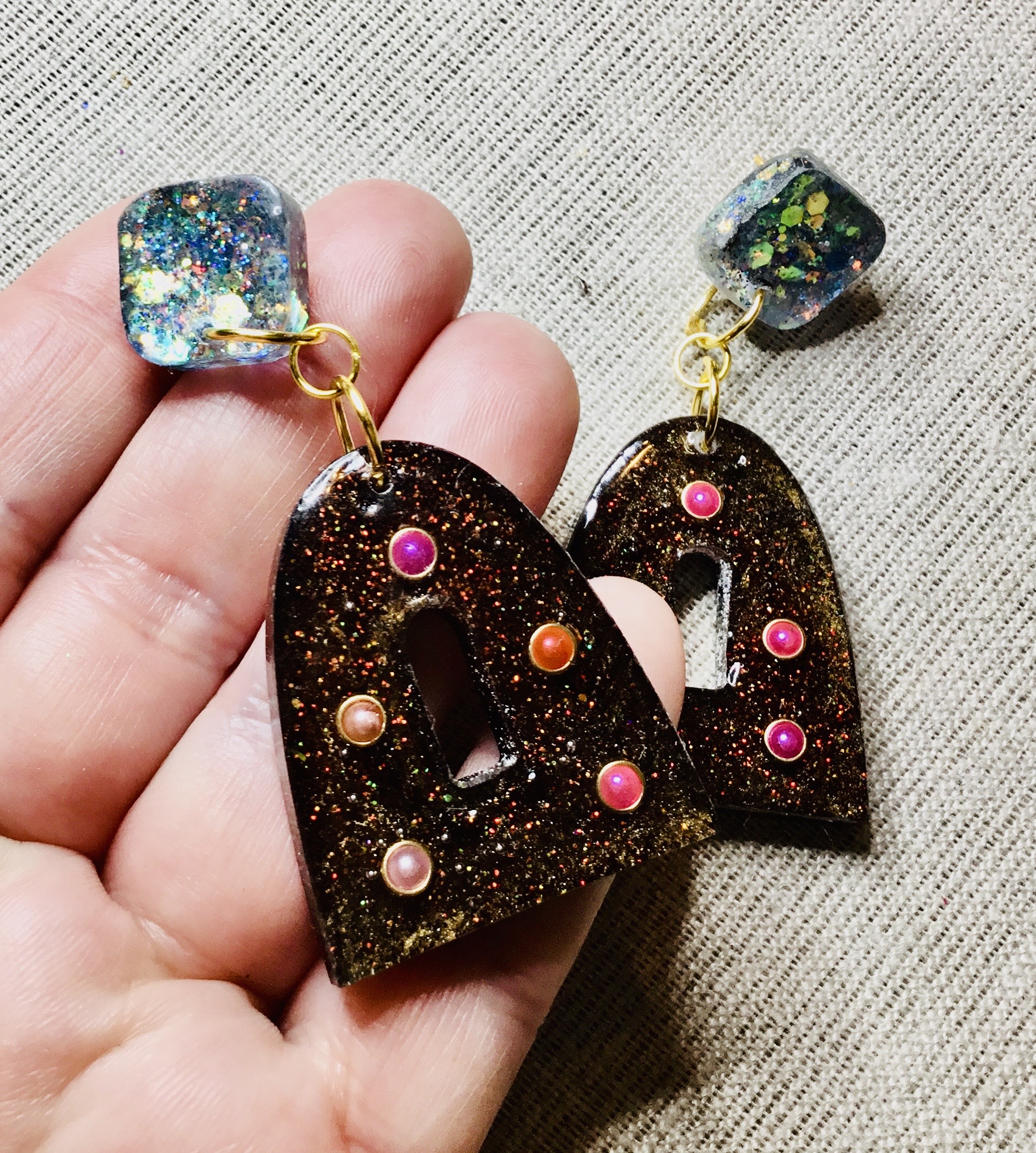 Blue brown glitter earrings