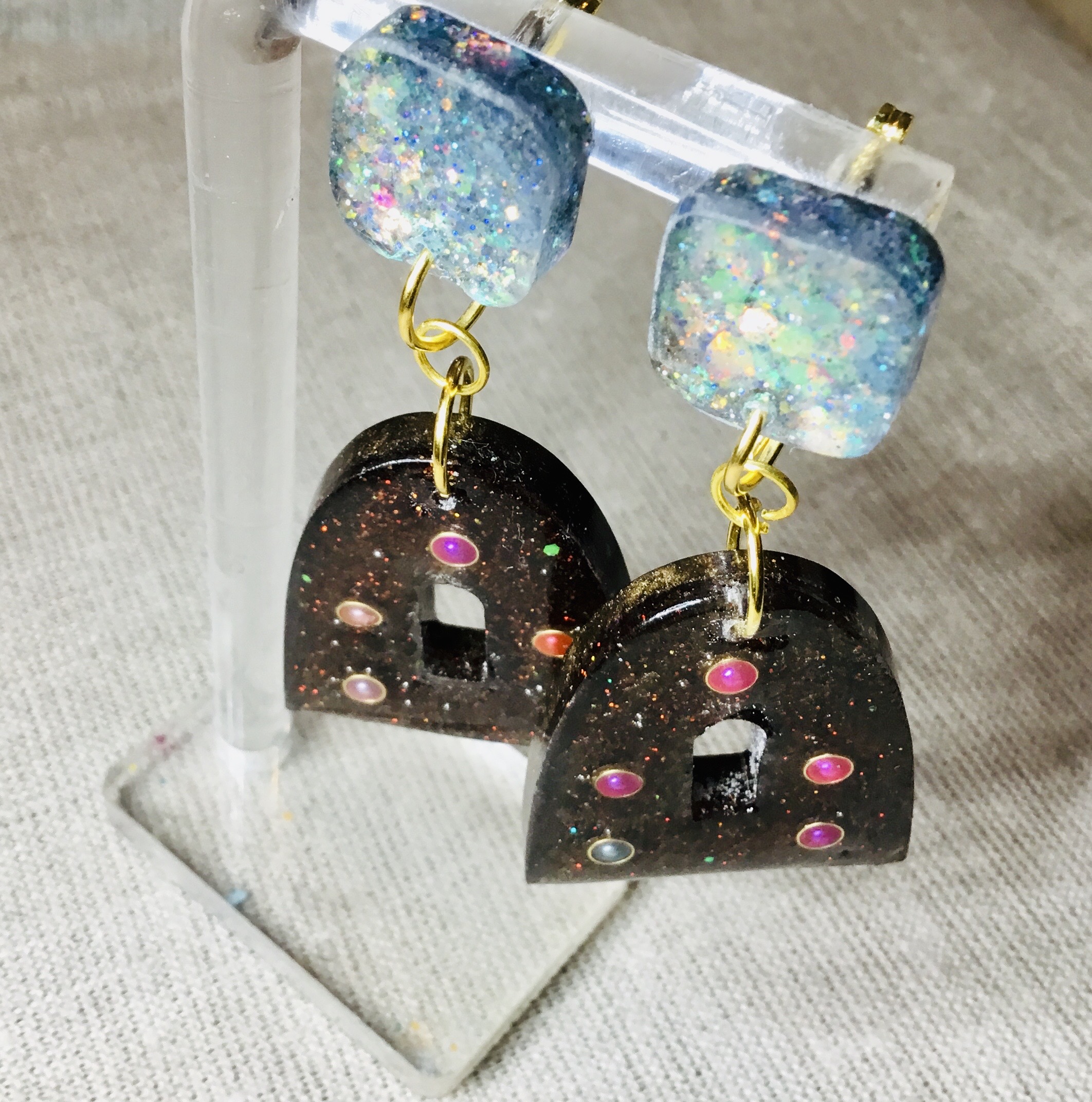 Blue brown glitter earrings