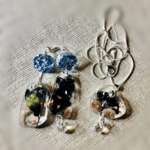 Real black Japanese flowers & blue grey glitter,sterling 925 silver jewellery set