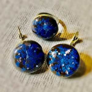 Blue Queen Anne’s Lace Jewelry Set – Real Flower Resin Earrings & Ring