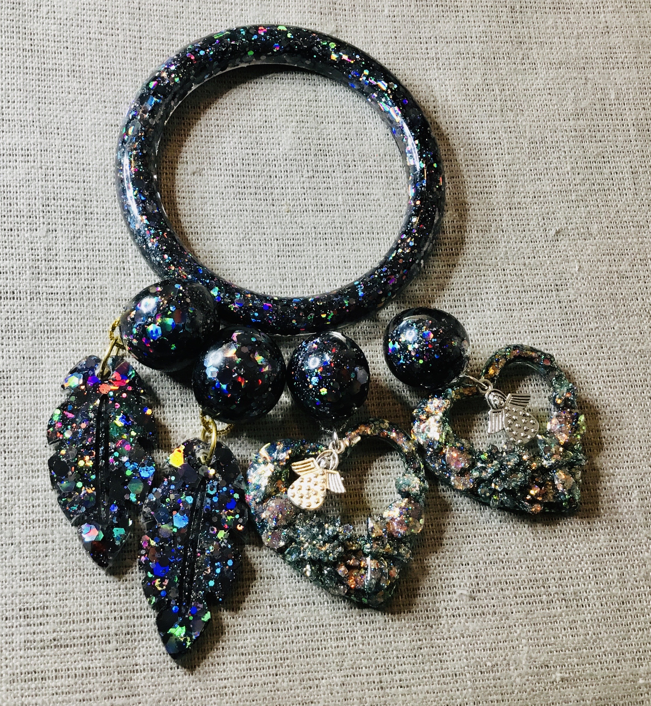 Black glitter bangle and earrings jewellery set