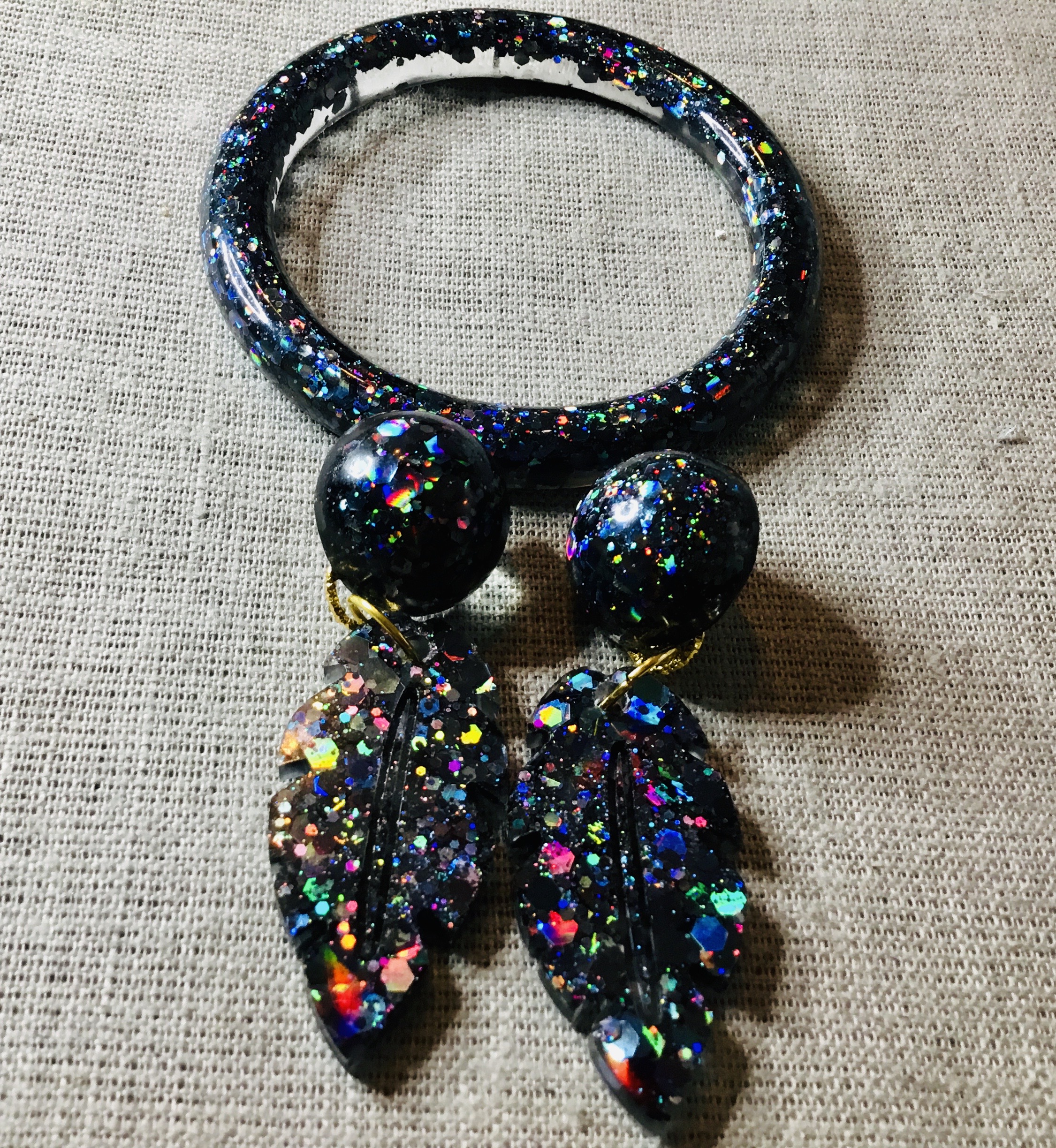 Black glitter bangle and earrings jewellery set