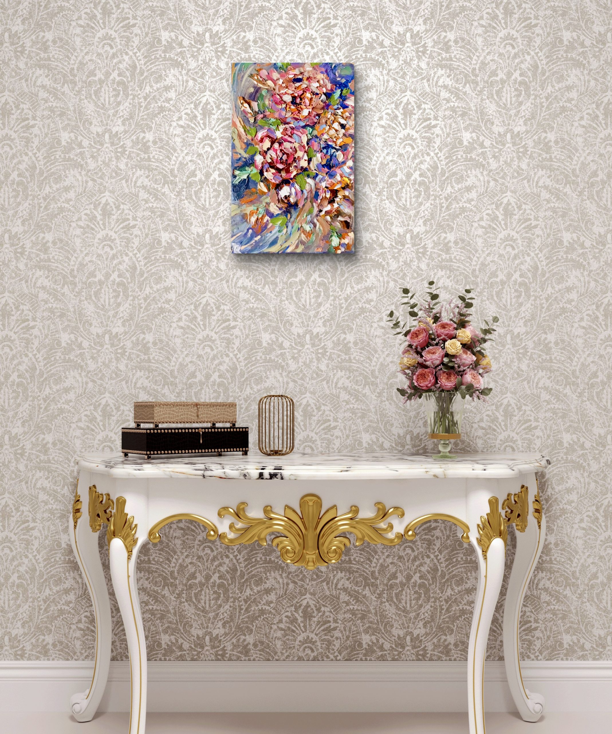 Colorful Flowers Impasto Painting – Original Textured Floral Artwork on 3D Canvas.