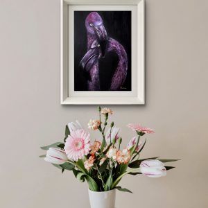 Pink Flamingos in Love Original Painting, Watercolour and Pastel Artwork on Black Paper, Romantic Bird Couple Wall Art