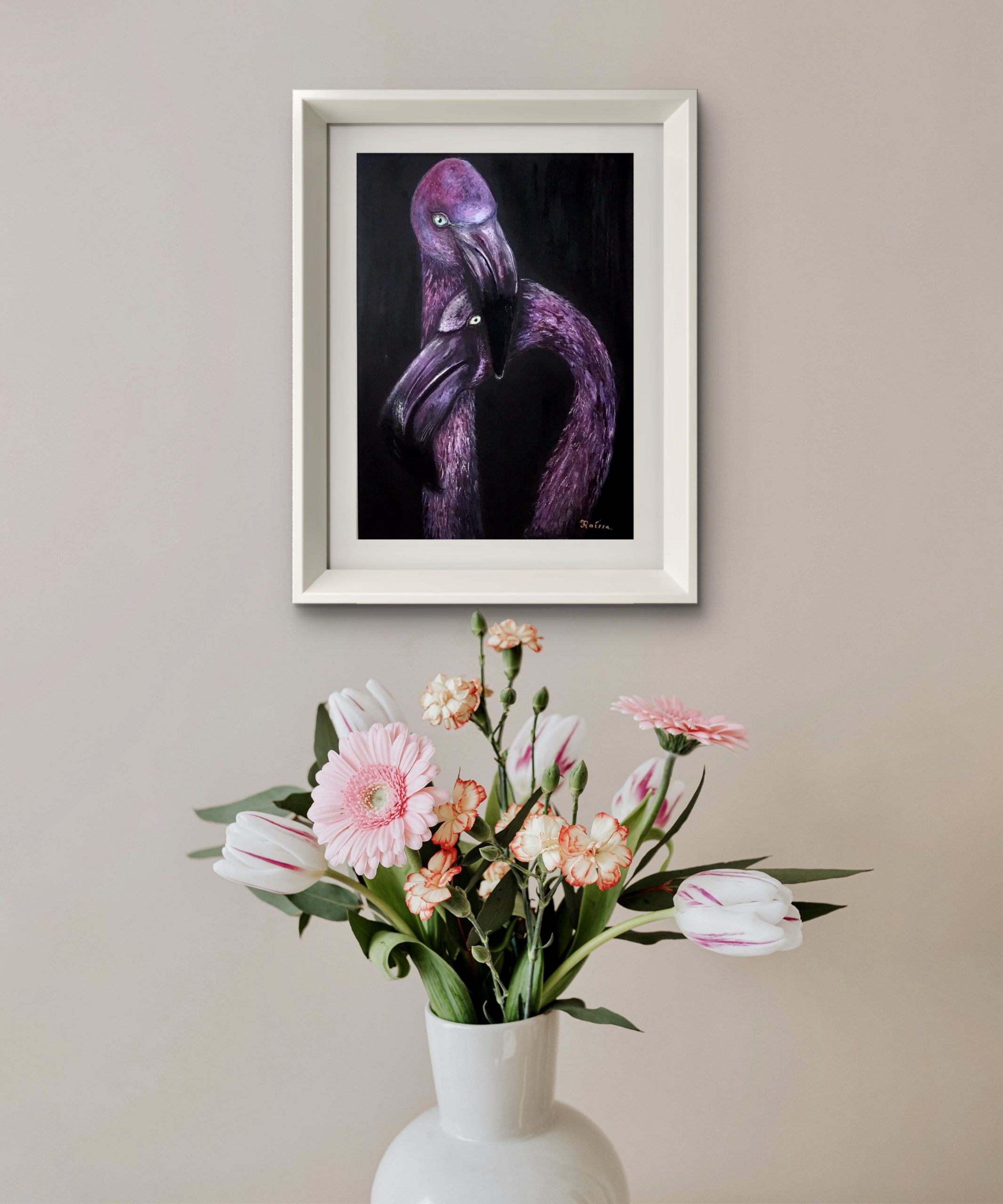 Pink Flamingos in Love Original Painting, Watercolour and Pastel Artwork on Black Paper, Romantic Bird Couple Wall Art