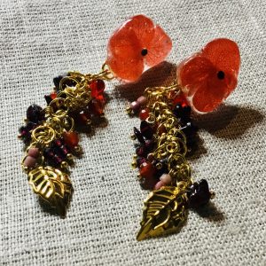 Handmade Red hydrangea Earrings with Garnet, Carnelian & Coral | Resin Floral Statement Jewelry | Gold Leaf Dangle Earrings | Nature-Inspired Gift
