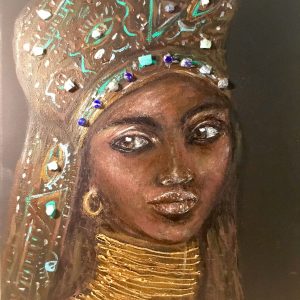 African Woman Painting – Mixed Media on Black Canvas with Gold Leaf, Turquoise & Lapis Lazuli