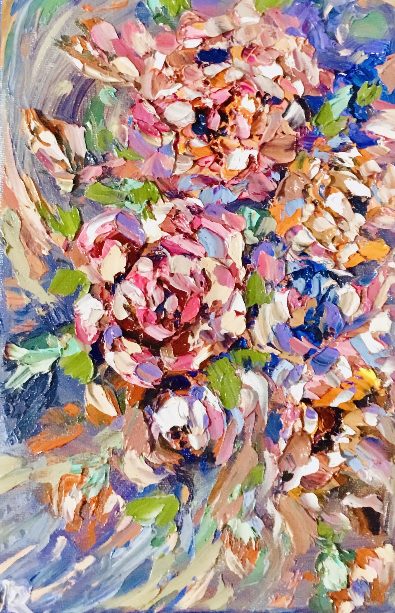 Colorful Flowers Impasto Painting – Original Textured Floral Artwork on 3D Canvas.