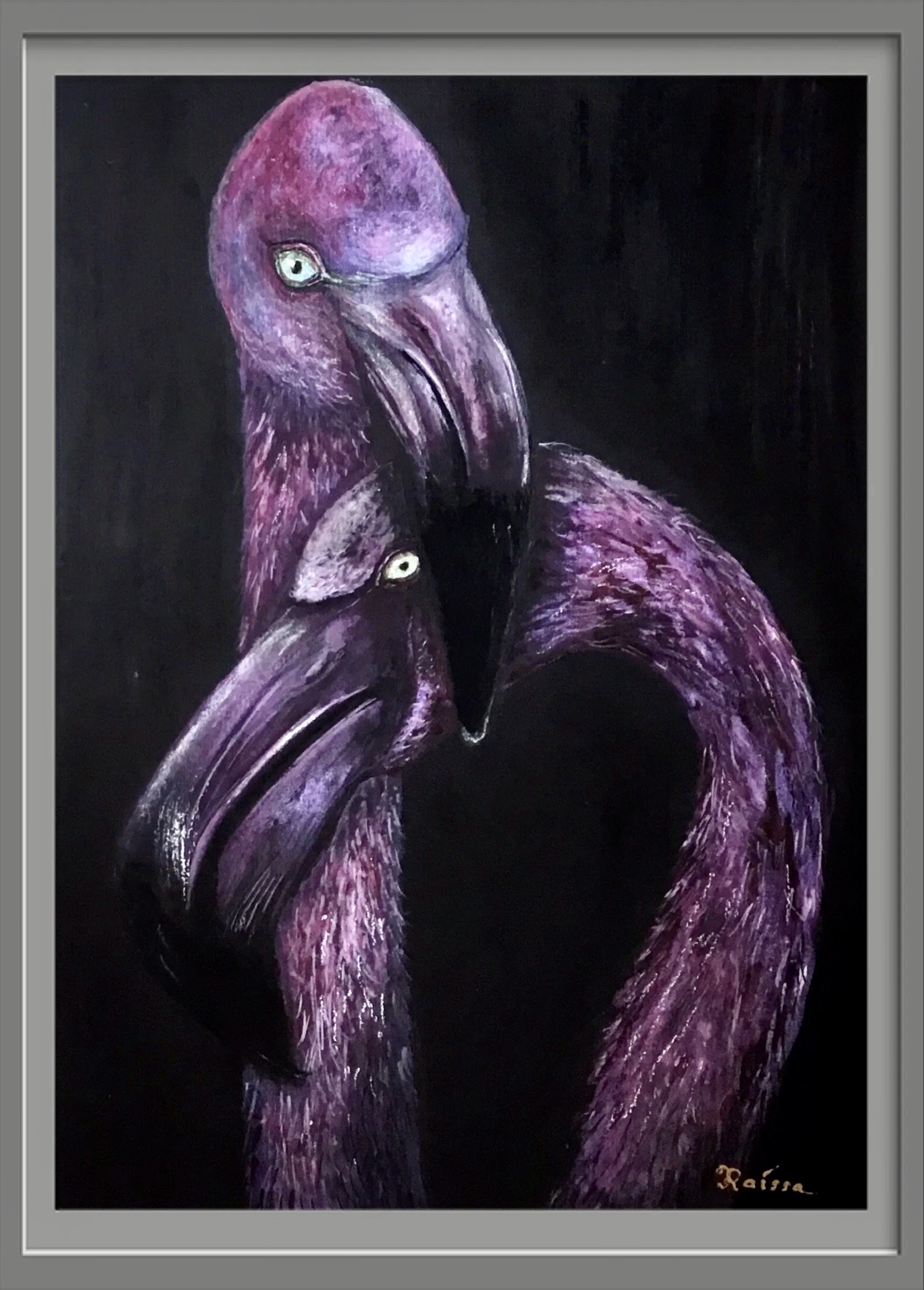 Pink Flamingos in Love Original Painting, Watercolour and Pastel Artwork on Black Paper, Romantic Bird Couple Wall Art