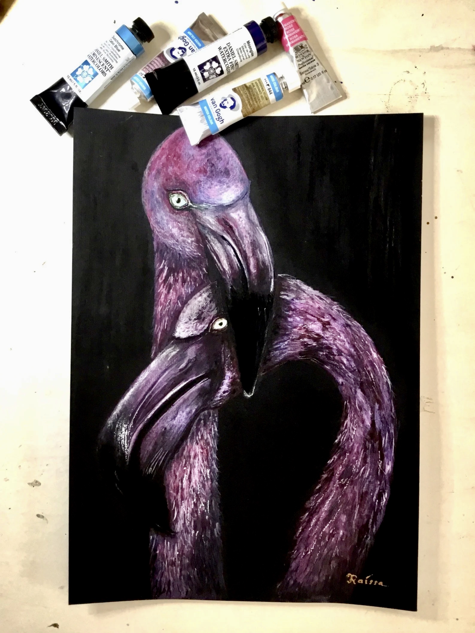 Pink Flamingos in Love Original Painting, Watercolour and Pastel Artwork on Black Paper, Romantic Bird Couple Wall Art