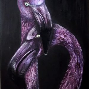 Pink Flamingos in Love Original Painting, Watercolour and Pastel Artwork on Black Paper, Romantic Bird Couple Wall Art