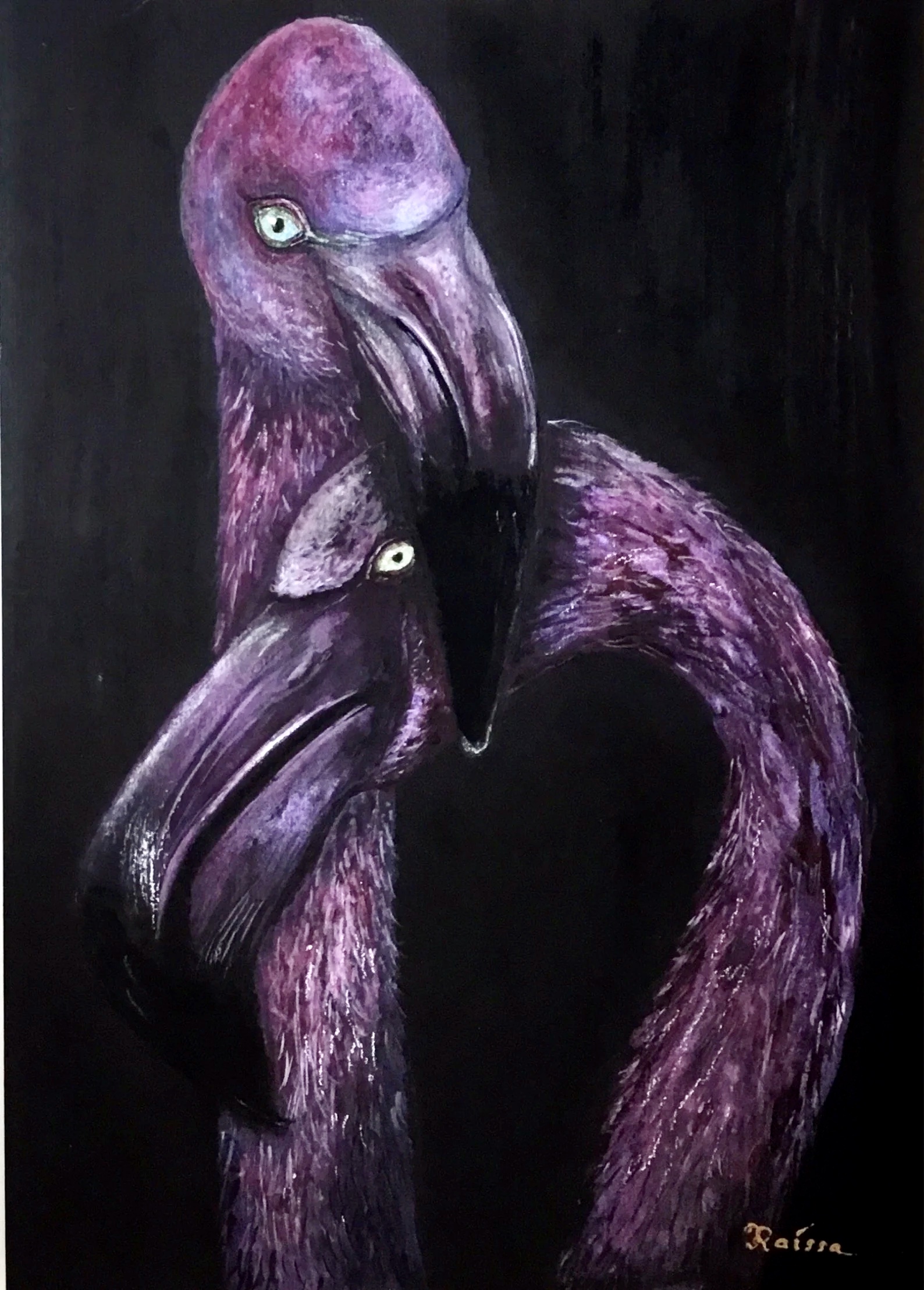 Pink Flamingos in Love Original Painting, Watercolour and Pastel Artwork on Black Paper, Romantic Bird Couple Wall Art