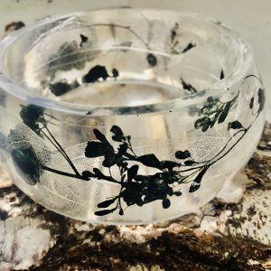 Botanical Resin Jewelry Set – White Leaf & Black Flower Bangle and Earrings – Handmade Nature-Inspired Jewelry – Gift for Her – Sold as Set or Separately