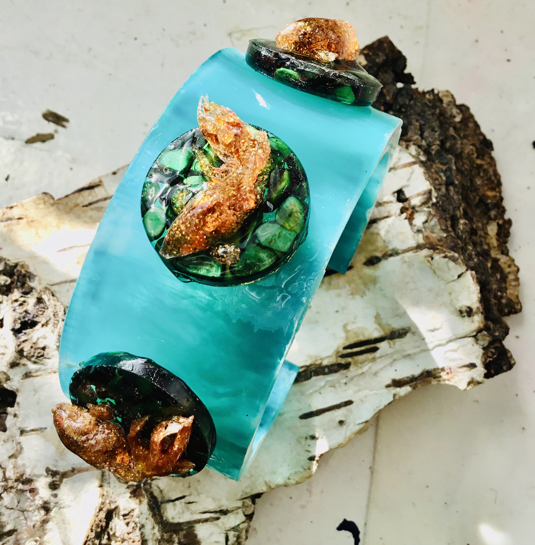 Turquoise Resin Cuff Bangle with Gold Koi Fish – Handmade Statement Bracelet with Shiny Green Stones