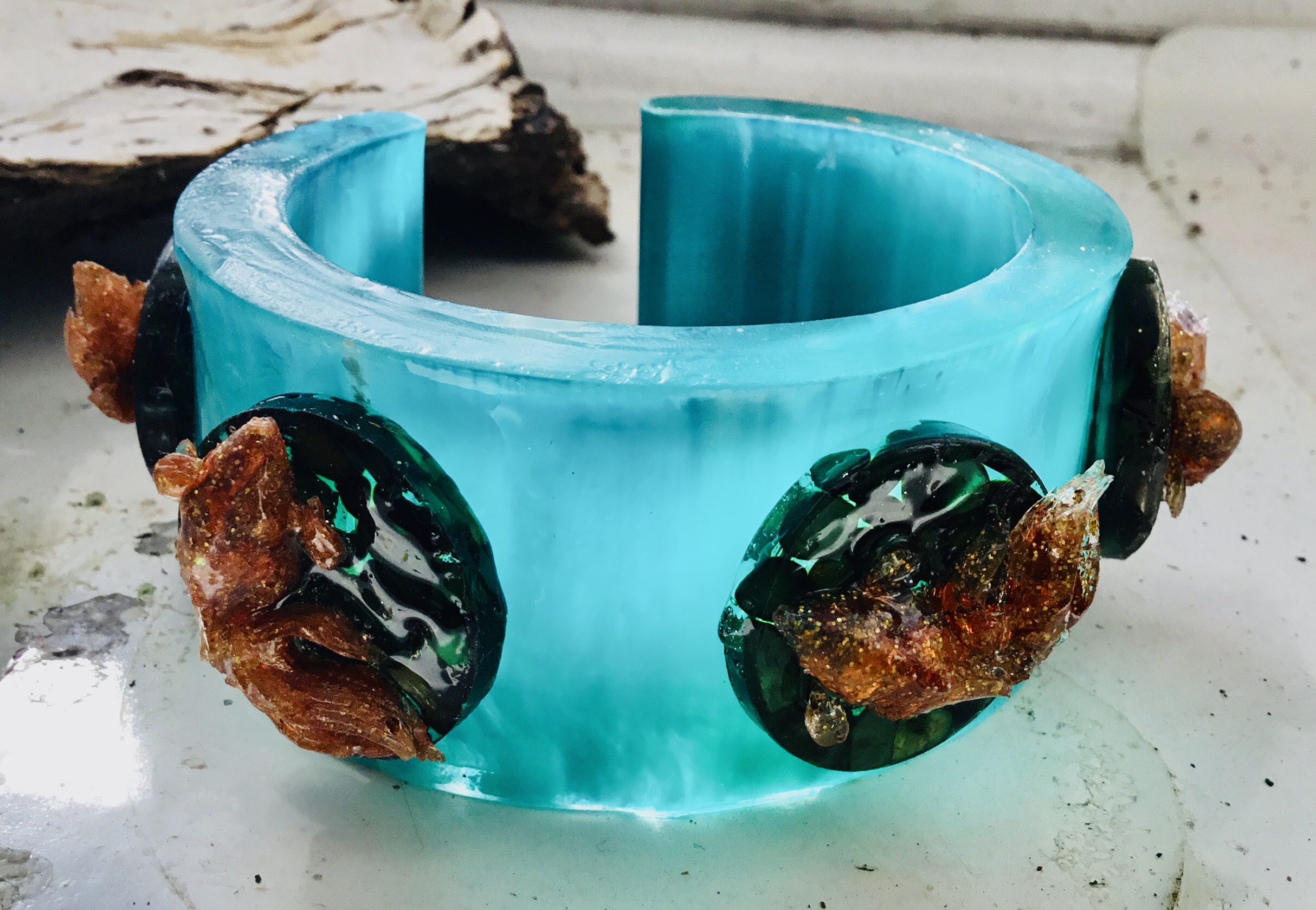 Turquoise Resin Cuff Bangle with Gold Koi Fish – Handmade Statement Bracelet with Shiny Green Stones