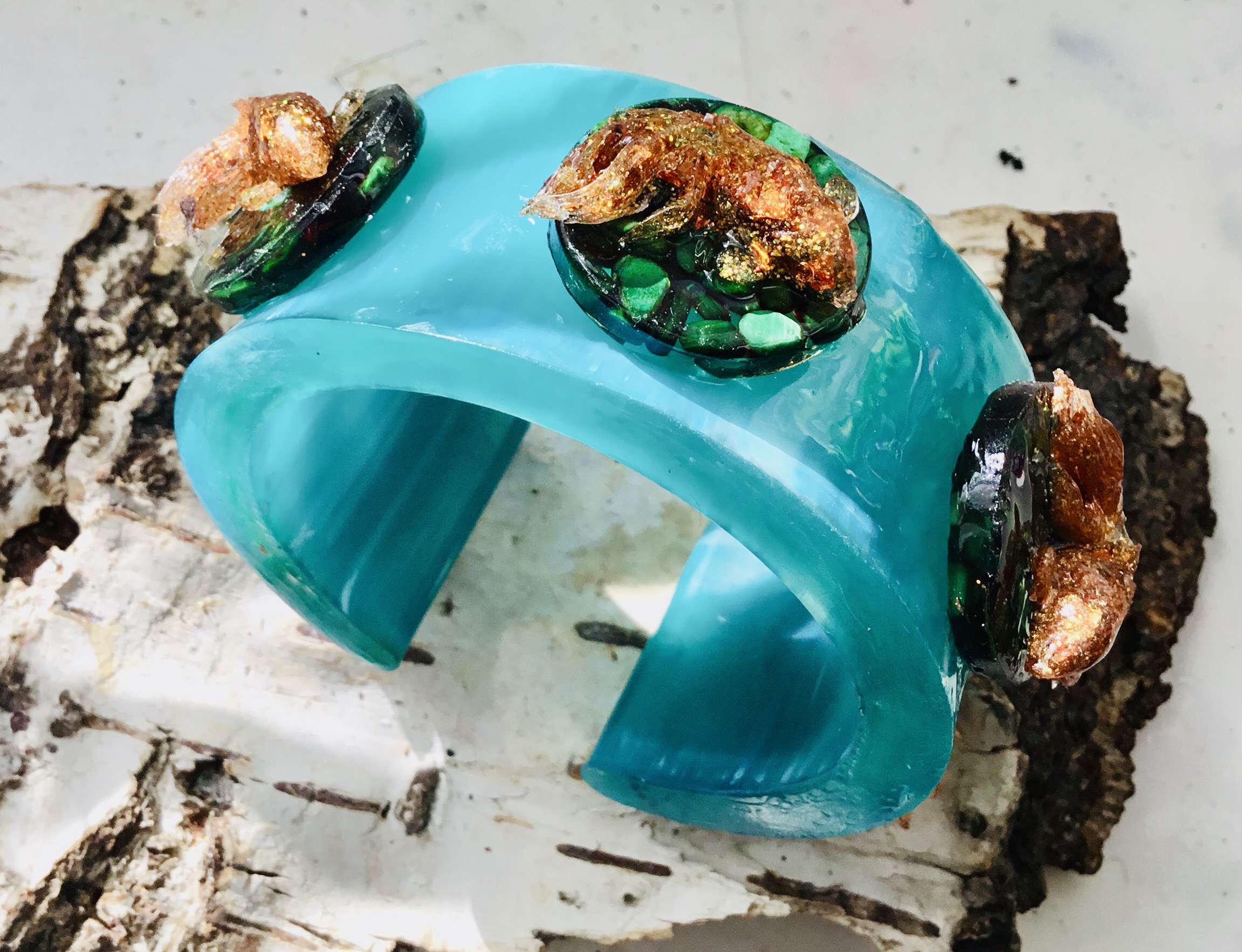 Turquoise Resin Cuff Bangle with Gold Koi Fish – Handmade Statement Bracelet with Shiny Green Stones