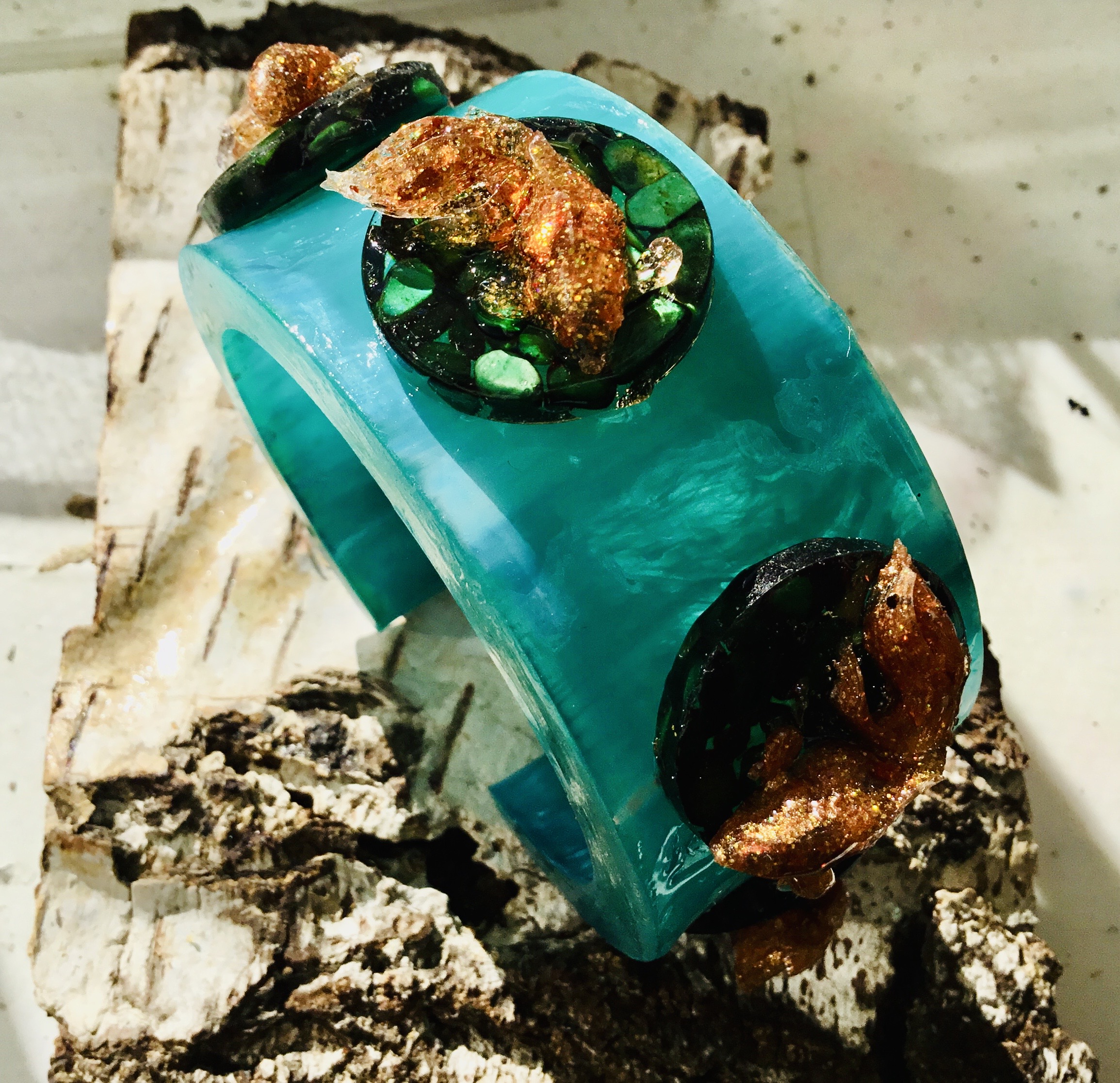 Turquoise Resin Cuff Bangle with Gold Koi Fish – Handmade Statement Bracelet with Shiny Green Stones
