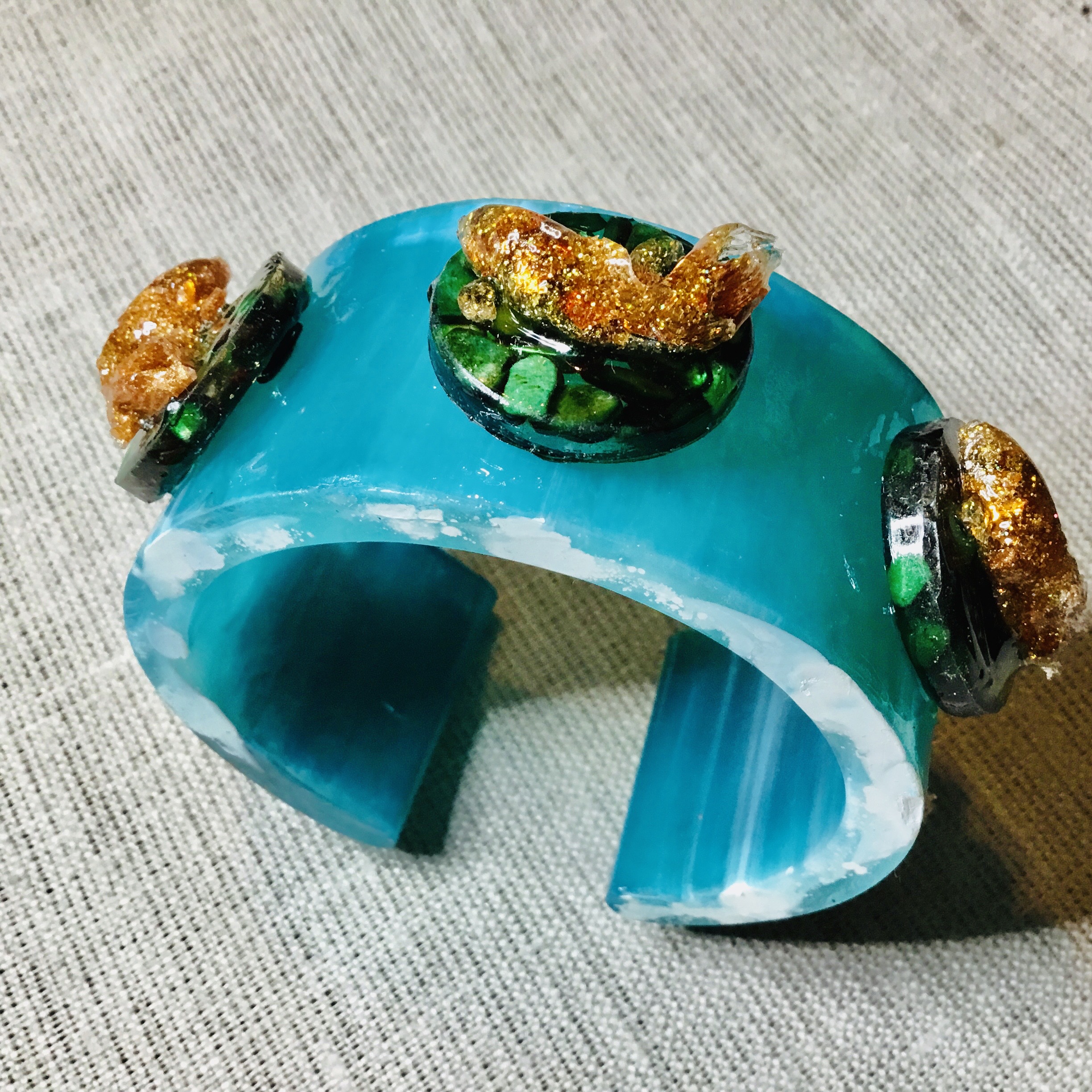 Turquoise Resin Cuff Bangle with Gold Koi Fish – Handmade Statement Bracelet with Shiny Green Stones