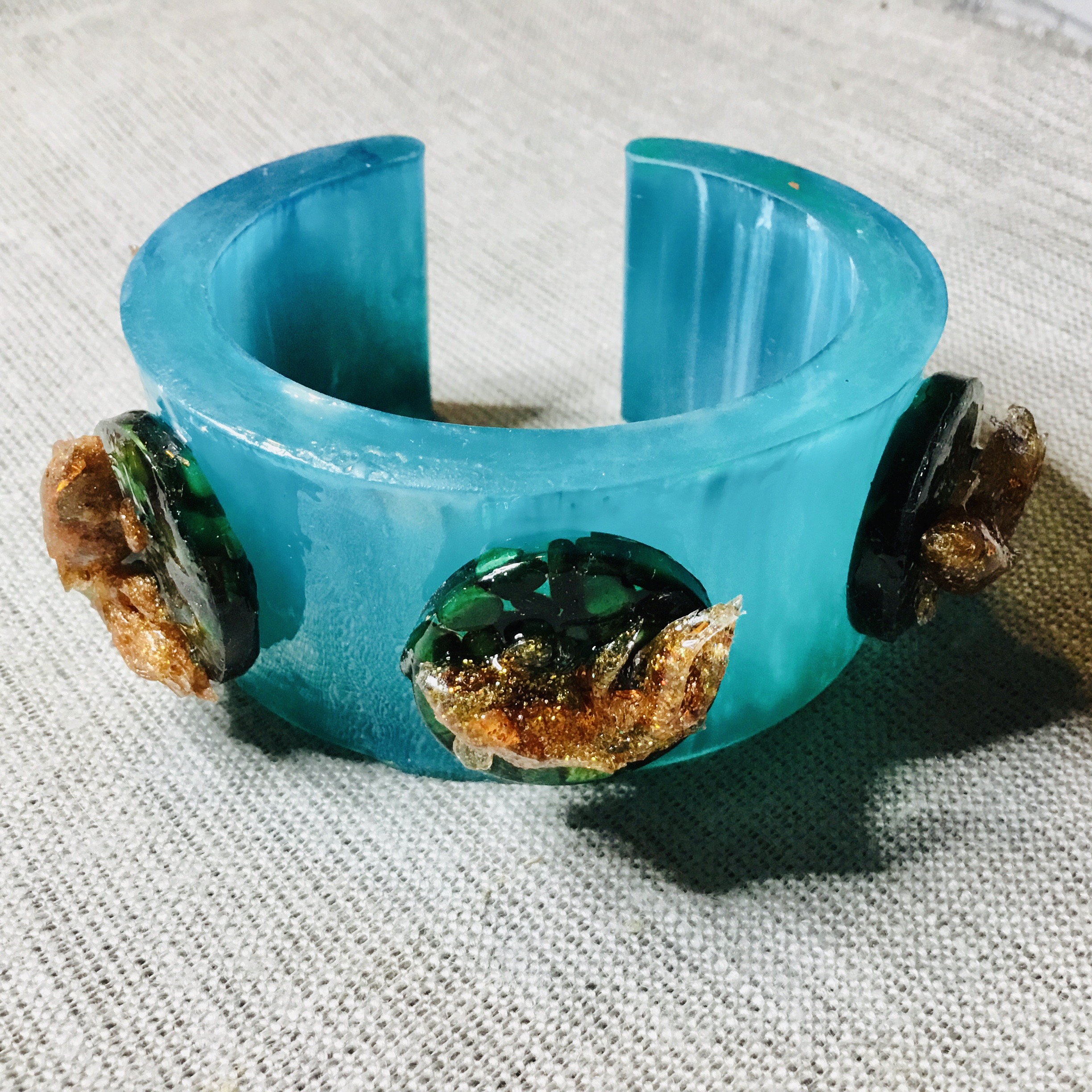 Turquoise Resin Cuff Bangle with Gold Koi Fish – Handmade Statement Bracelet with Shiny Green Stones