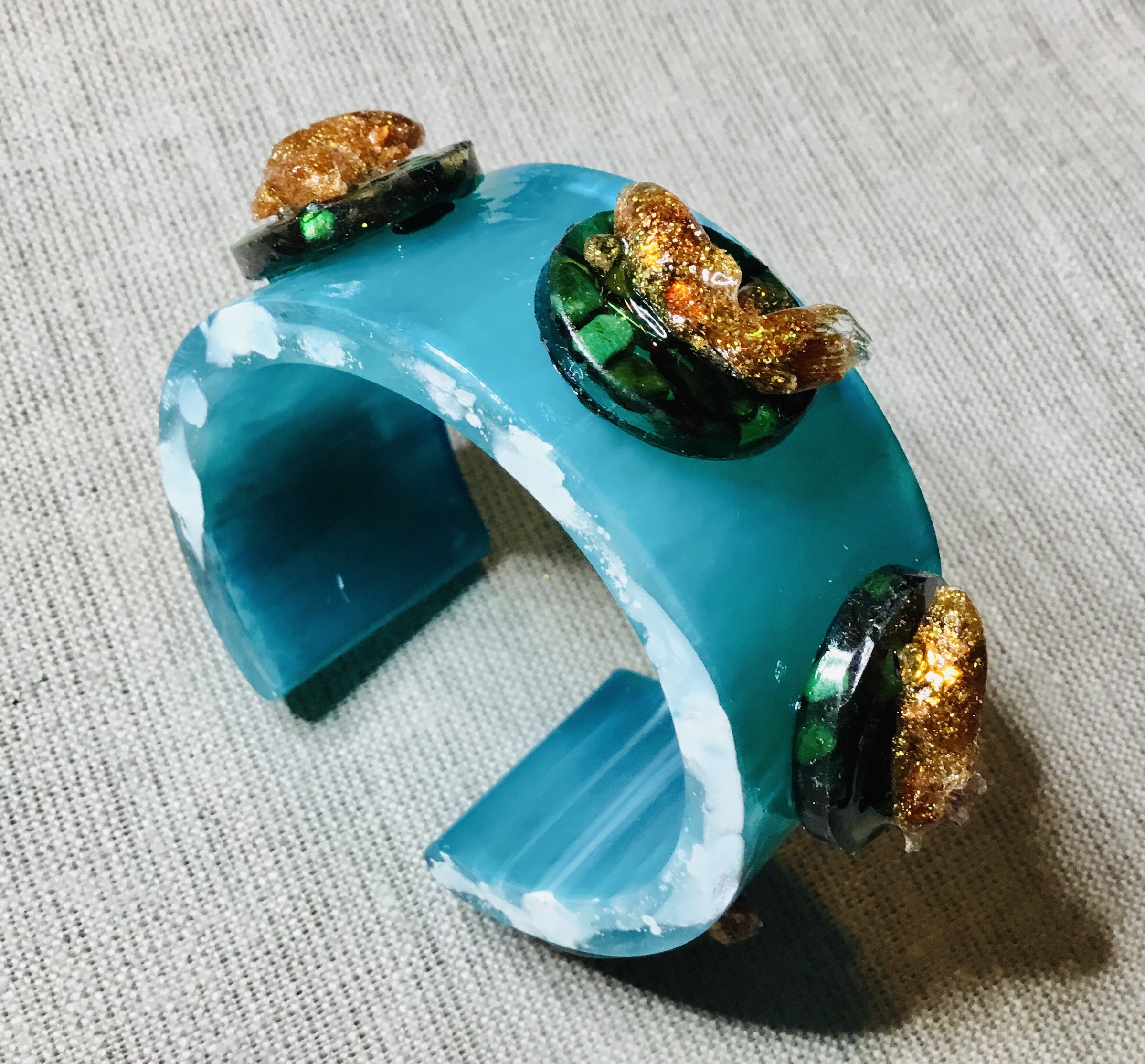 Turquoise Resin Cuff Bangle with Gold Koi Fish – Handmade Statement Bracelet with Shiny Green Stones
