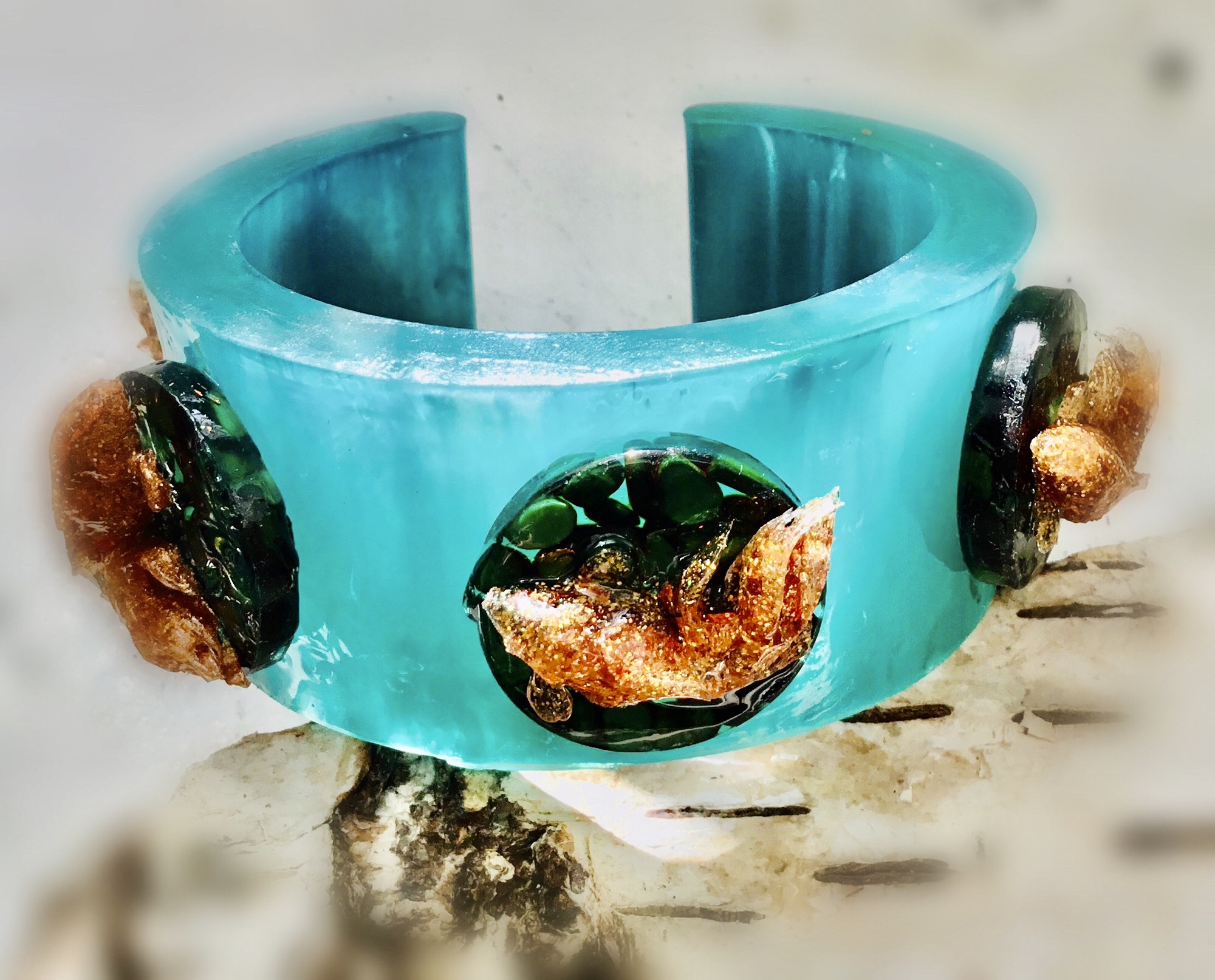 Turquoise Resin Cuff Bangle with Gold Koi Fish – Handmade Statement Bracelet with Shiny Green Stones