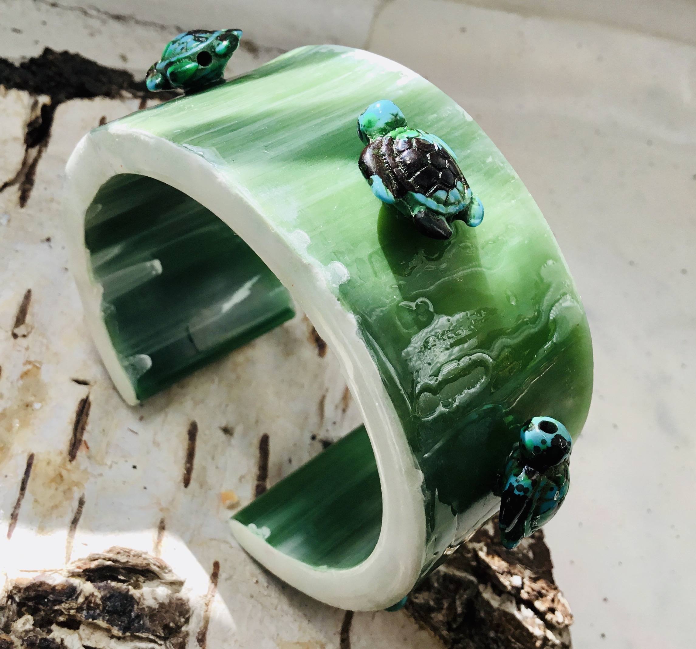 Turtle Cuff Bracelet – Sea Jade Green Statement Bangle, Lightweight & Durable Jewelry