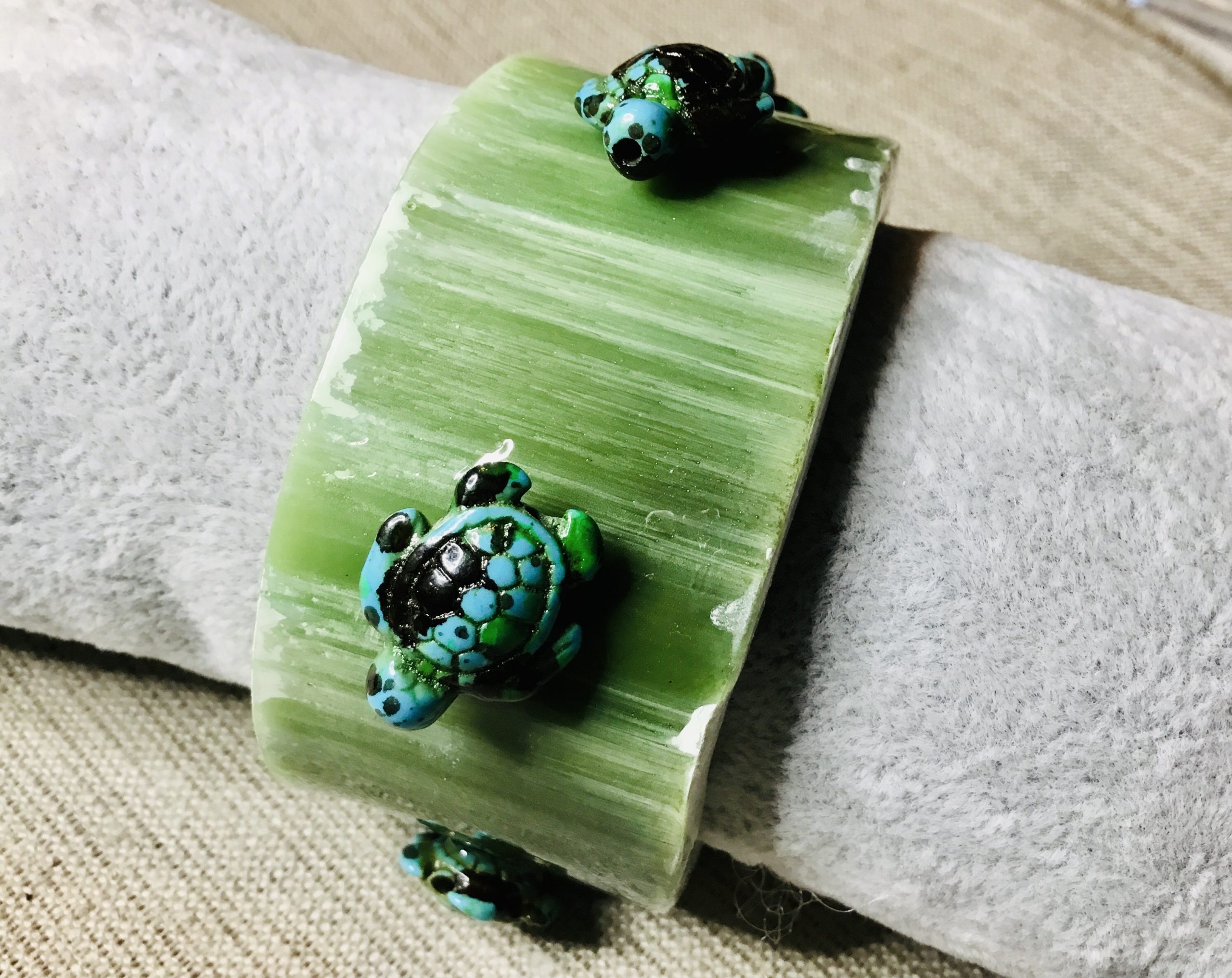 Turtle Cuff Bracelet – Sea Jade Green Statement Bangle, Lightweight & Durable Jewelry