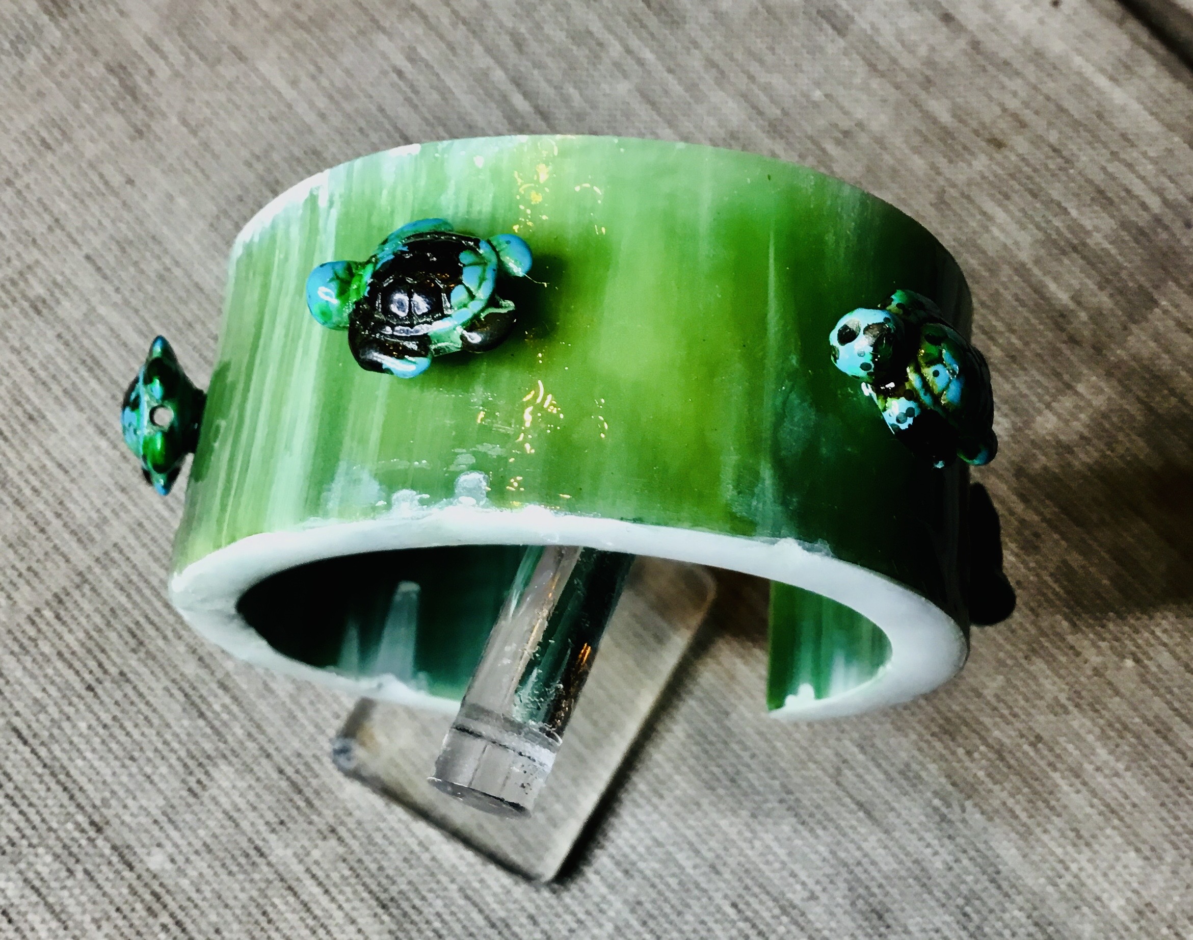 Turtle Cuff Bracelet – Sea Jade Green Statement Bangle, Lightweight & Durable Jewelry