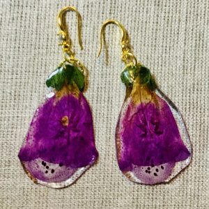 Real Foxglove Flower Resin Earrings – Handmade Botanical Jewelry, Gold Hook Drop Earrings, Nature-Inspired Gift for Her, One of a Kind