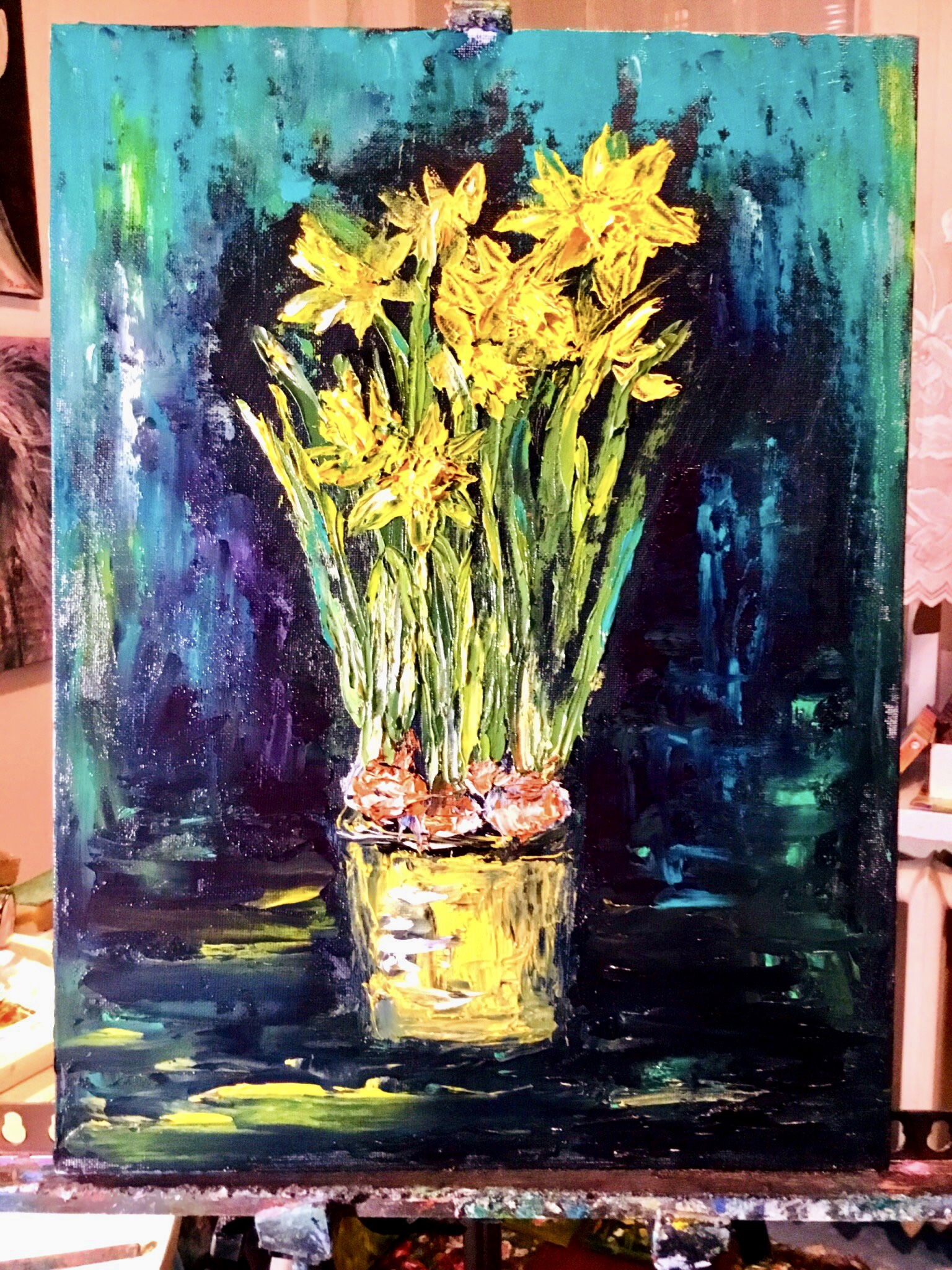 Daffodils Original Oil Painting on Canvas Board, 12x16 inches Floral Wall Art, Handmade Kitchen & Home Decoration | Ka-Gan Art