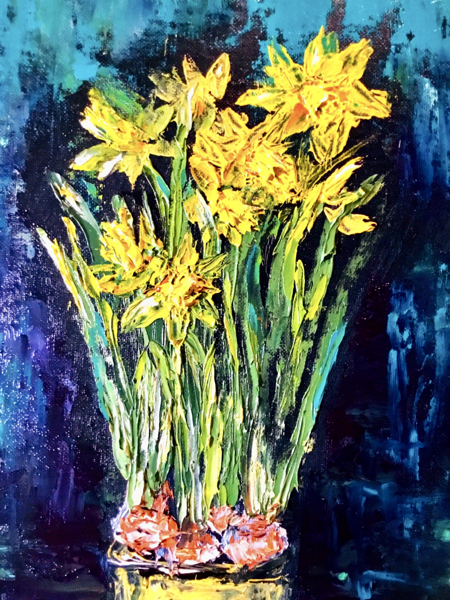 Daffodils Original Oil Painting on Canvas Board, 12x16 inches Floral Wall Art, Handmade Kitchen & Home Decoration | Ka-Gan Art