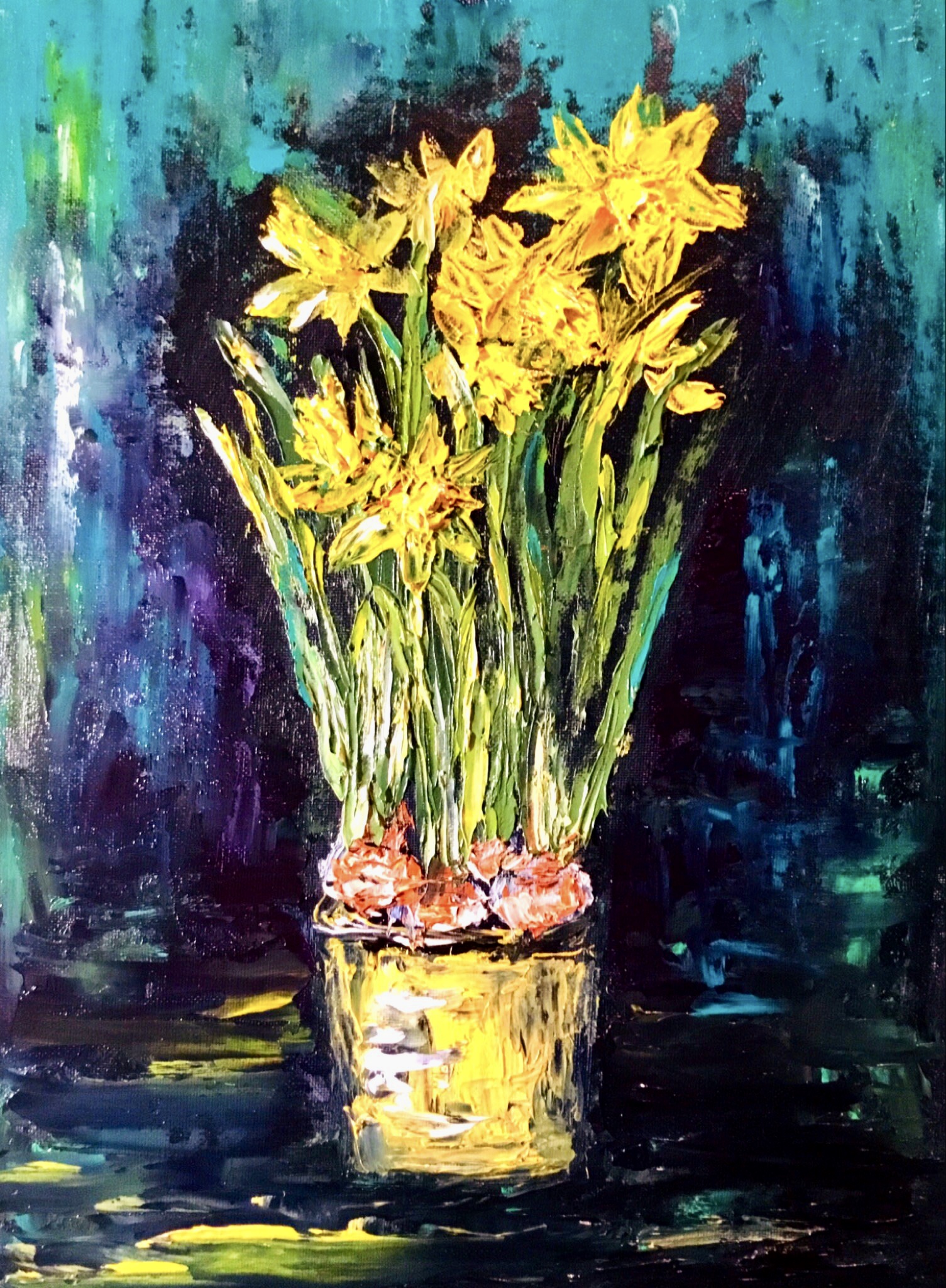 Daffodils Original Oil Painting on Canvas Board, 12x16 inches Floral Wall Art, Handmade Kitchen & Home Decoration | Ka-Gan Art