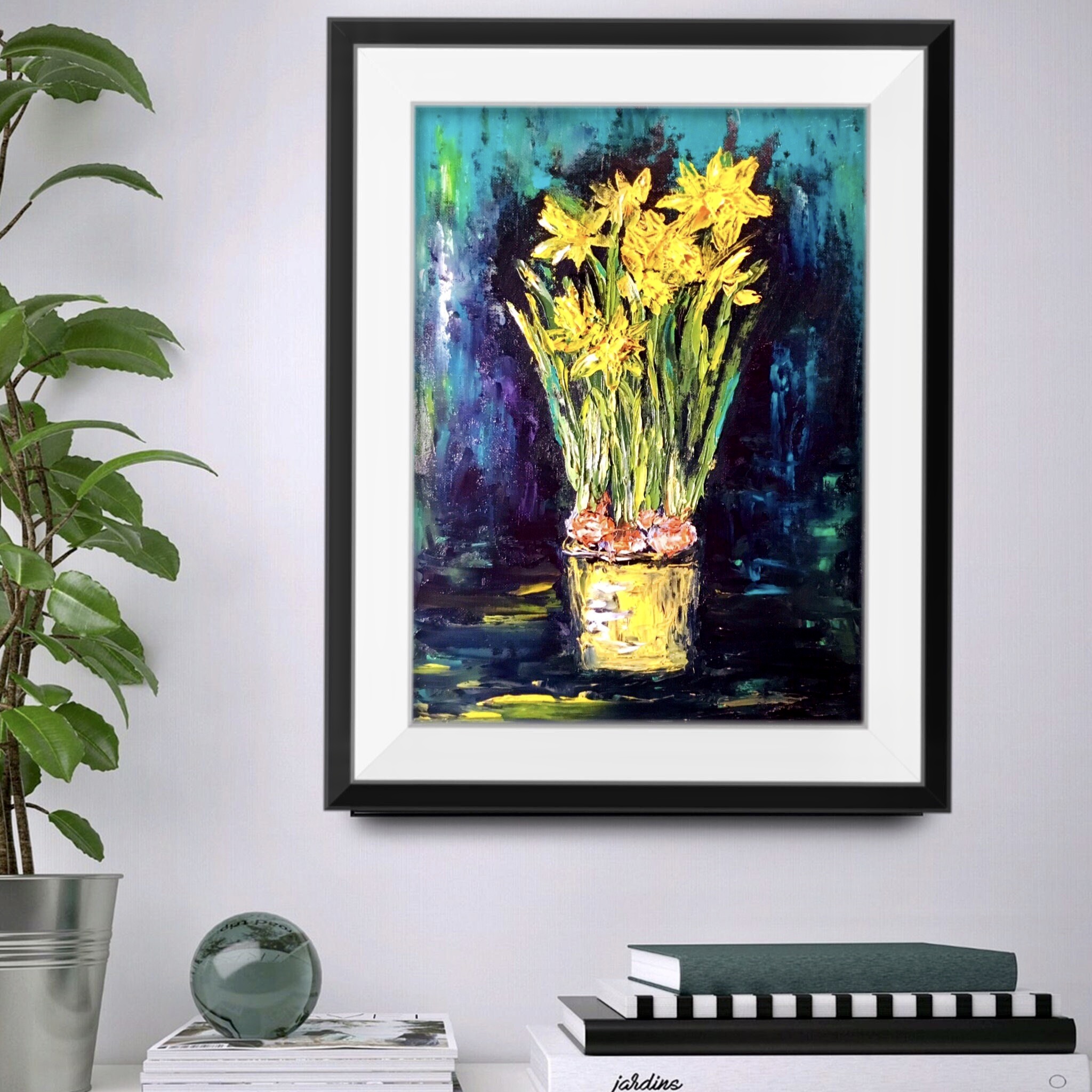 Daffodils Original Oil Painting on Canvas Board, 12x16 inches Floral Wall Art, Handmade Kitchen & Home Decoration | Ka-Gan Art