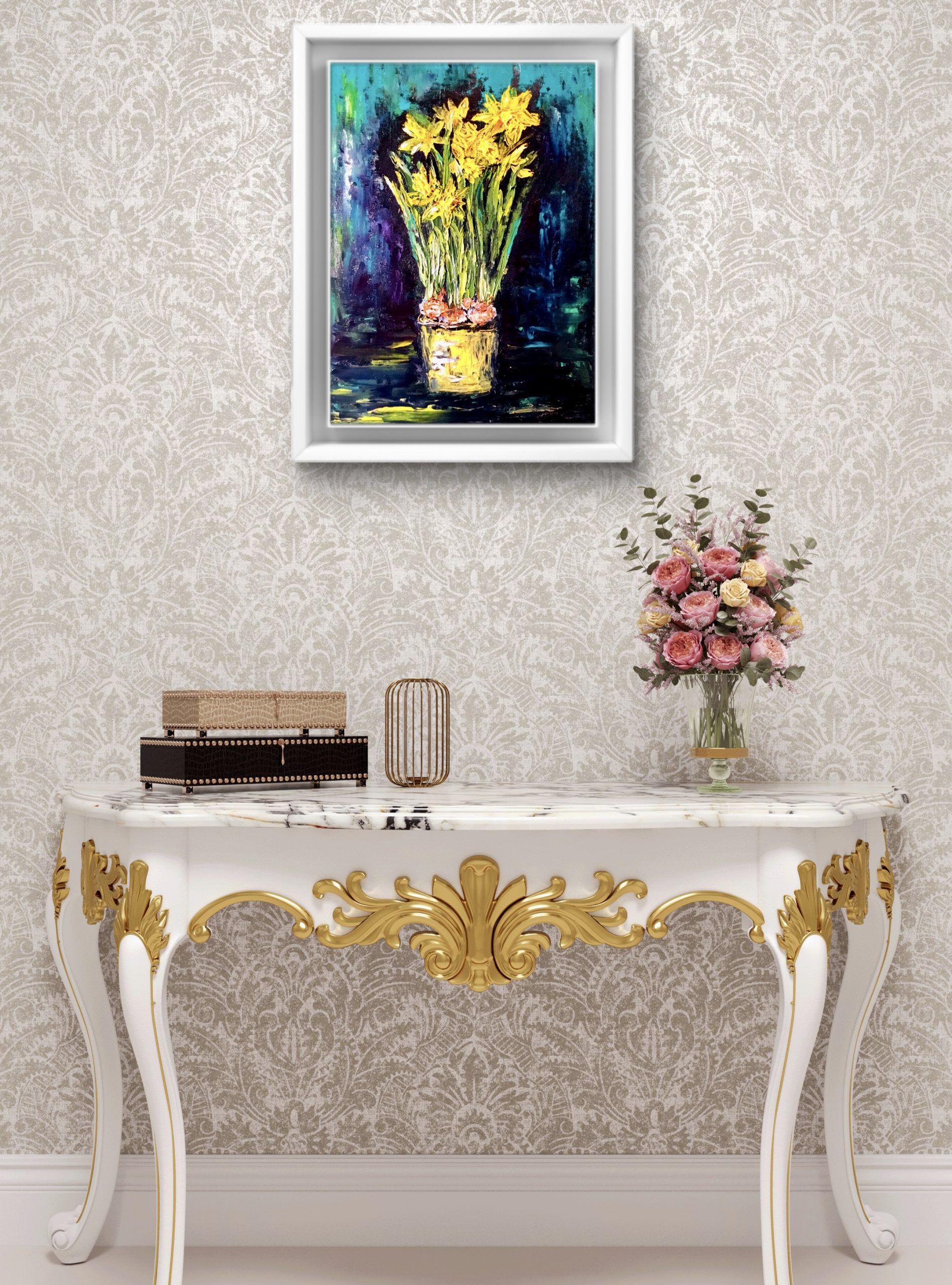 Daffodils Original Oil Painting on Canvas Board, 12x16 inches Floral Wall Art, Handmade Kitchen & Home Decoration | Ka-Gan Art
