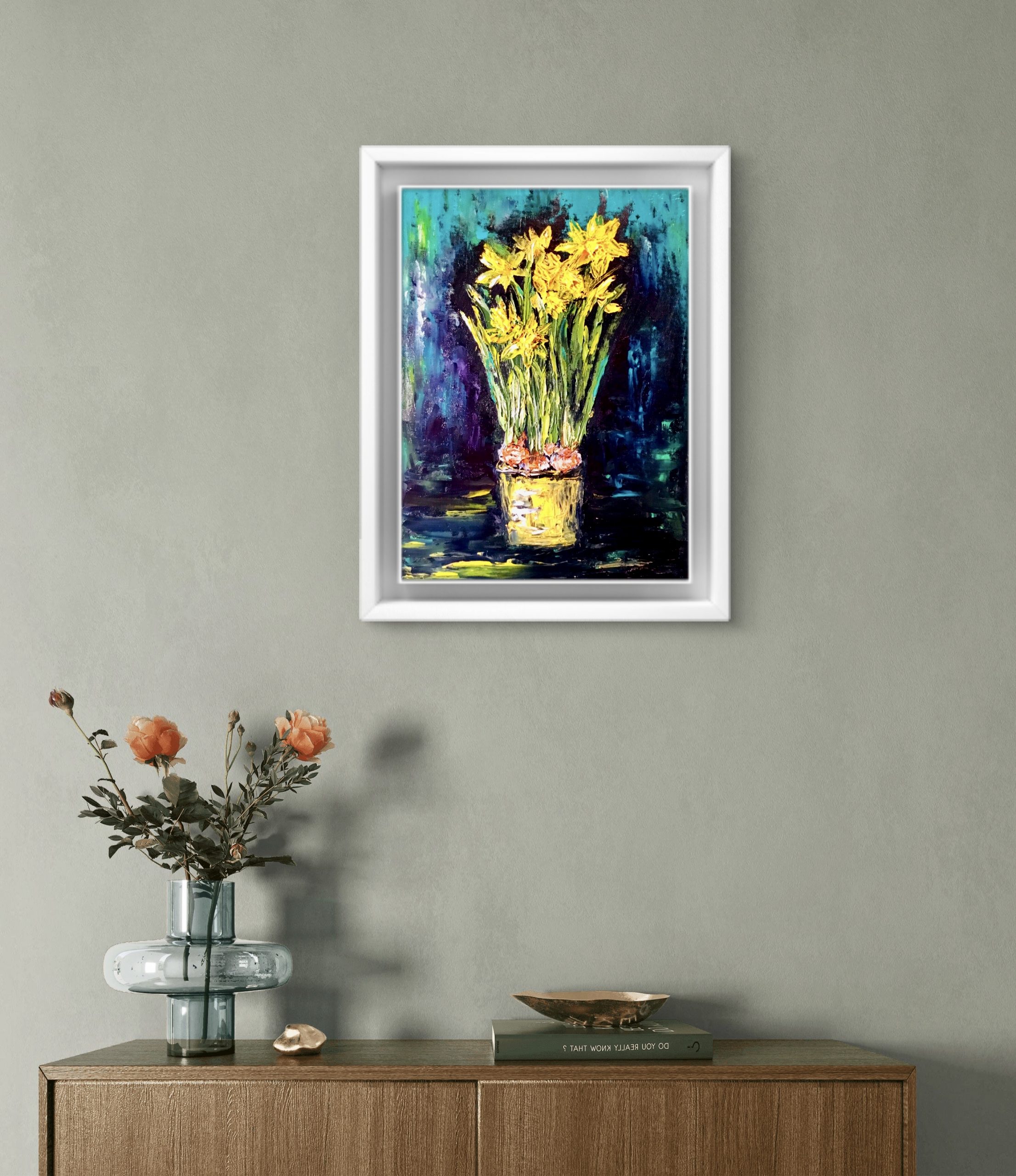 Daffodils Original Oil Painting on Canvas Board, 12x16 inches Floral Wall Art, Handmade Kitchen & Home Decoration | Ka-Gan Art