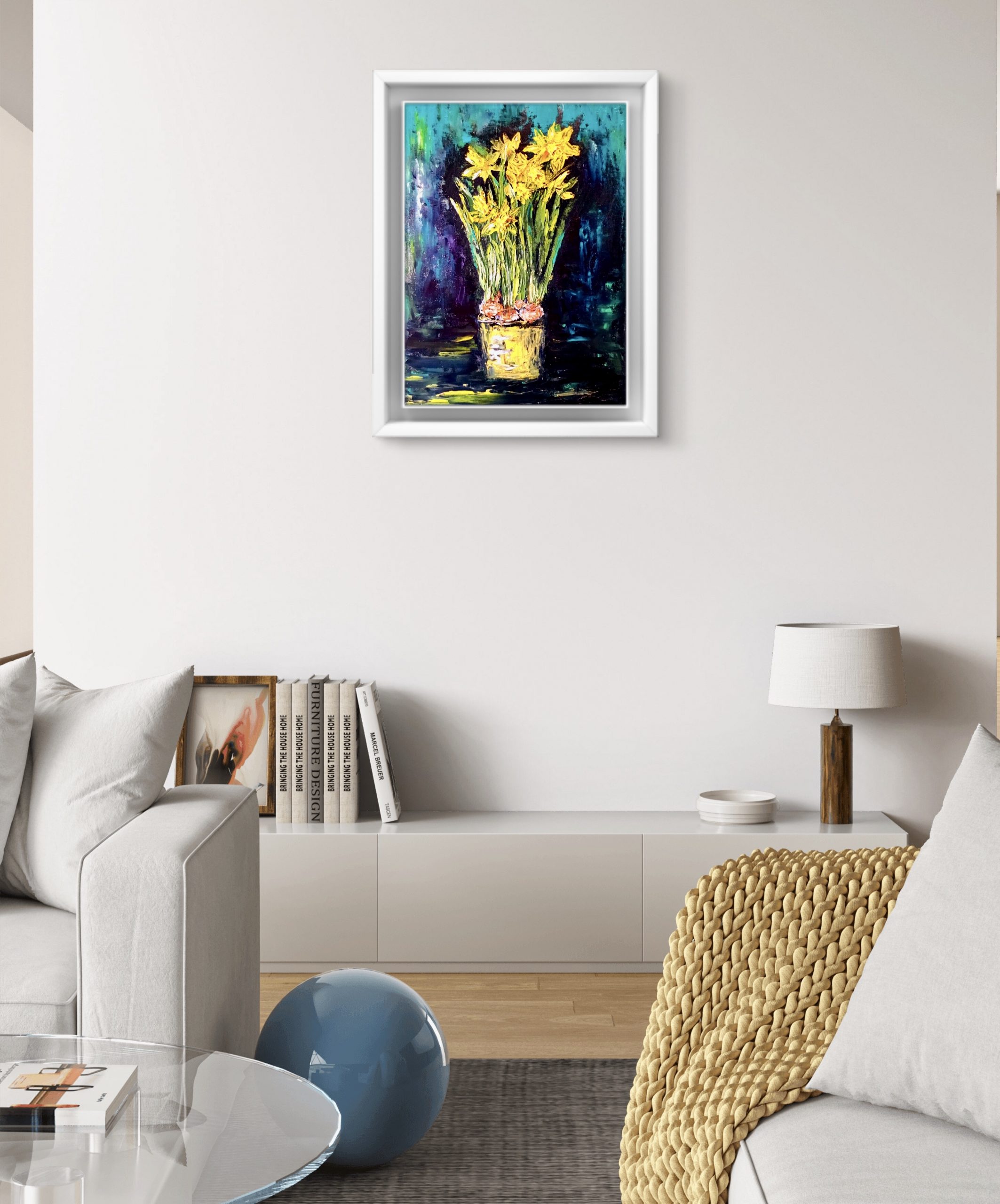 Daffodils Original Oil Painting on Canvas Board, 12x16 inches Floral Wall Art, Handmade Kitchen & Home Decoration | Ka-Gan Art