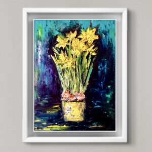 Daffodils Original Oil Painting on Canvas Board, 12x16 inches Floral Wall Art, Handmade Kitchen & Home Decoration | Ka-Gan Art