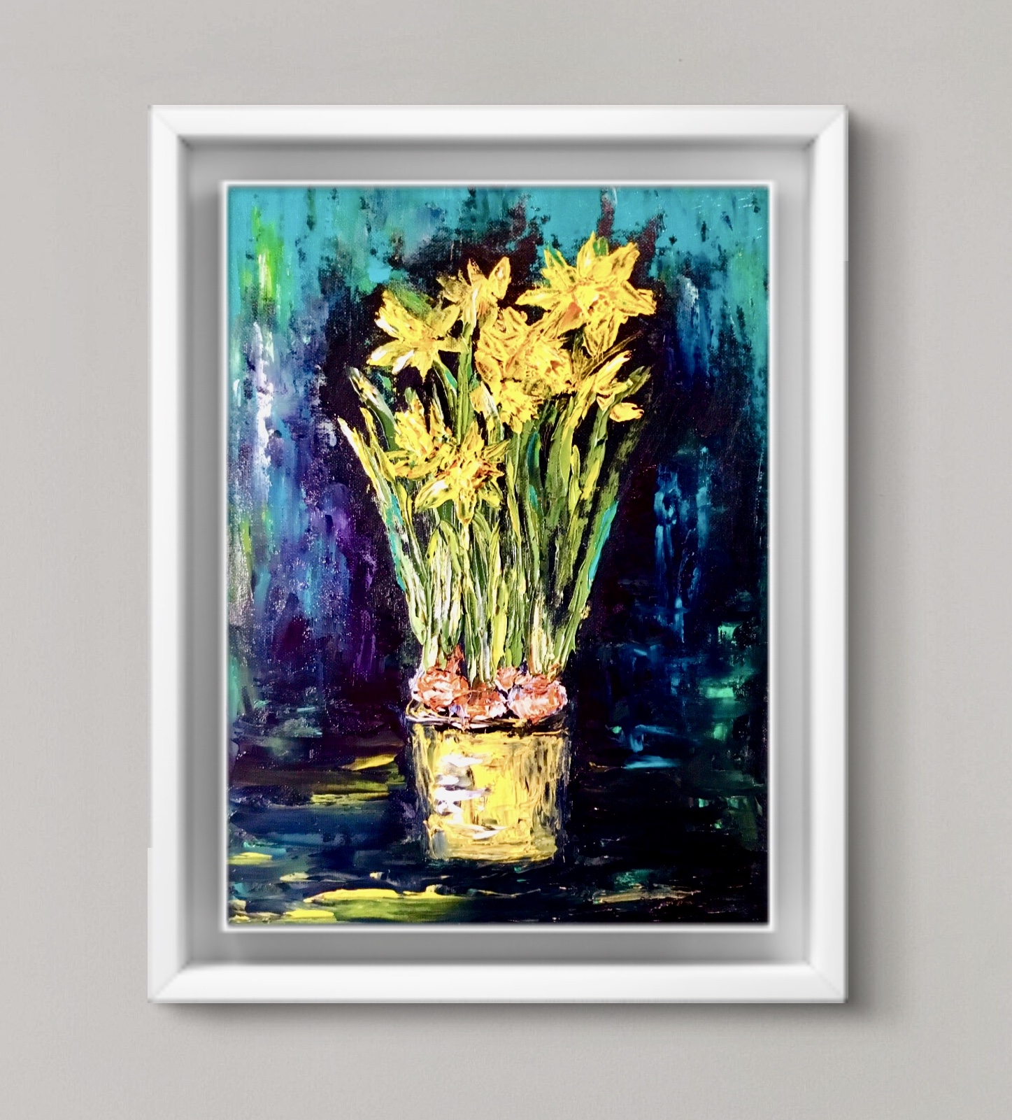 Daffodils Original Oil Painting on Canvas Board, 12x16 inches Floral Wall Art, Handmade Kitchen & Home Decoration | Ka-Gan Art