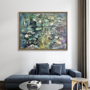 waterlily art, monet style, pond painting, oil painting, floral art, garden art, wall decor, nature painting, impressionism, large canvas, blue green art, handmade art, lily pond art, art for home, peaceful art