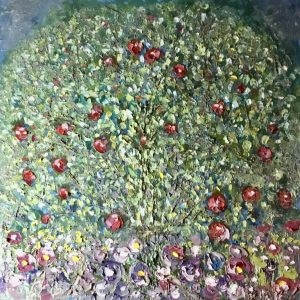“Garden of Red Apples” – Klimt Apple Tree Inspired Oil Painting | Textured Original Art on Canvas | 80x80 cm | Botanical Wall Decor