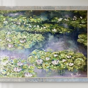 Emerald Reflections – Large Textured Monet Inspired Water Lily Painting