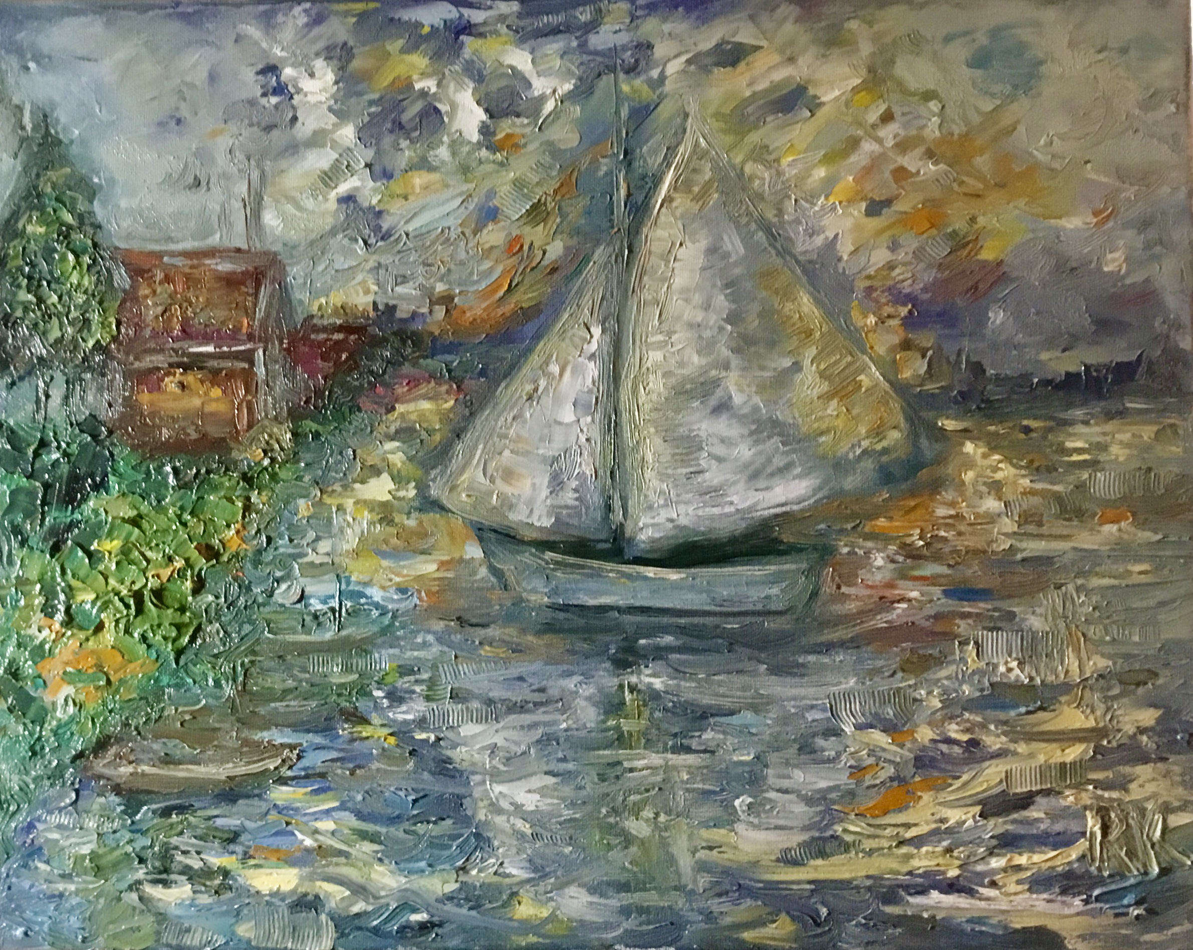 Silent Voyage at Sunset – Impasto Oil Painting on Canvas (40x50 cm)